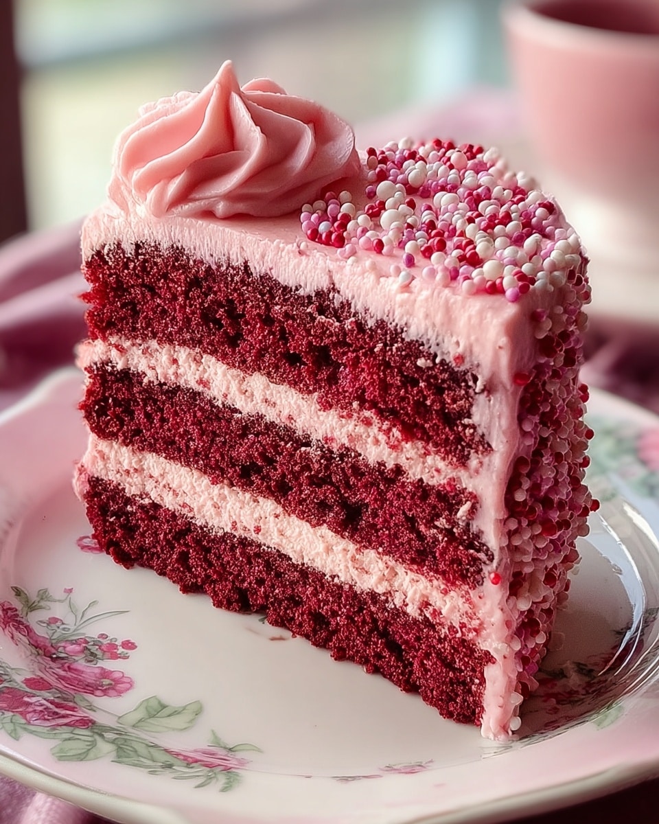 A slice of red velvet cake with three layers: the bottom and top layers are deep red, moist cake, while the middle layer is thick and creamy pink frosting. The top of the cake is covered with a smooth pink frosting layer, decorated with three swirled frosting rosettes each topped with a pink candy ball. The slice rests on a white plate placed on a white marbled surface, with a soft focus background. photo taken with an iphone --ar 4:5 --v 7