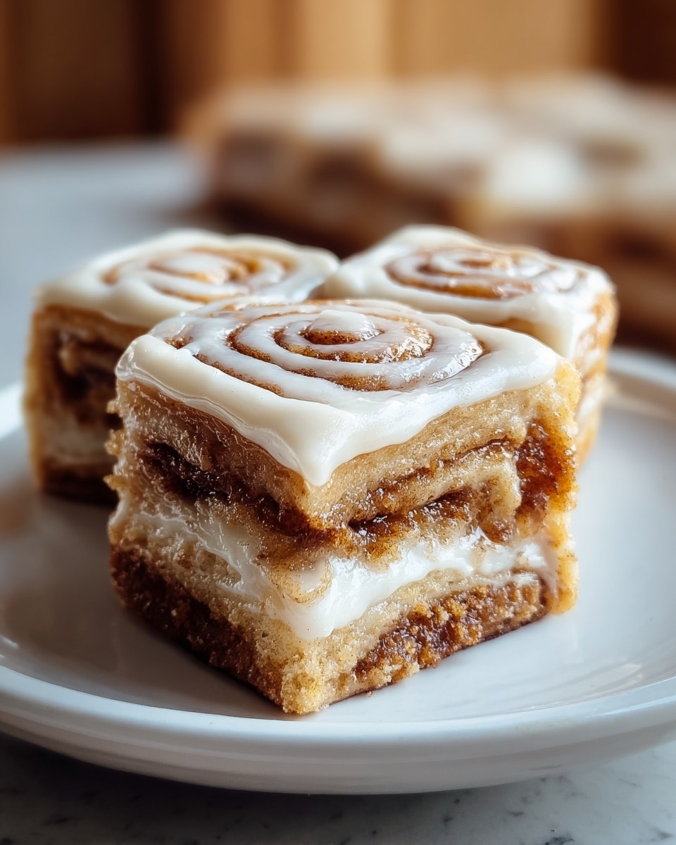 Two square cinnamon roll bars are stacked on a white plate placed on a white marbled surface. Each bar has three visible layers: the bottom layer is a crumbly light brown crust, the middle layer is creamy white with swirls of dark brown cinnamon, and the top layer is a smooth, glossy white glaze with cinnamon swirl patterns. The texture looks soft and moist, with the cinnamon swirls giving a marbled effect throughout the creamy layers. photo taken with an iphone --ar 4:5 --v 7