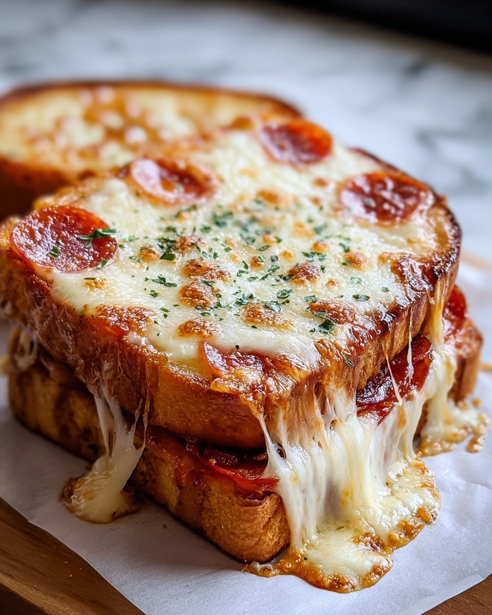 The image shows a thick sandwich with two toasted golden brown bread slices on the top and bottom. The top bread slice has a bubbly, melted cheese layer with light browning and small green herb sprinkles. Below the top bread slice, there is a layer of reddish pepperoni slices mostly hidden by lots of melted stretchy cheese that drips over the edges. The bread looks crisp on the edges and soft inside, and the whole sandwich rests on white parchment paper on a white marbled surface. Photo taken with an iphone --ar 4:5 --v 7