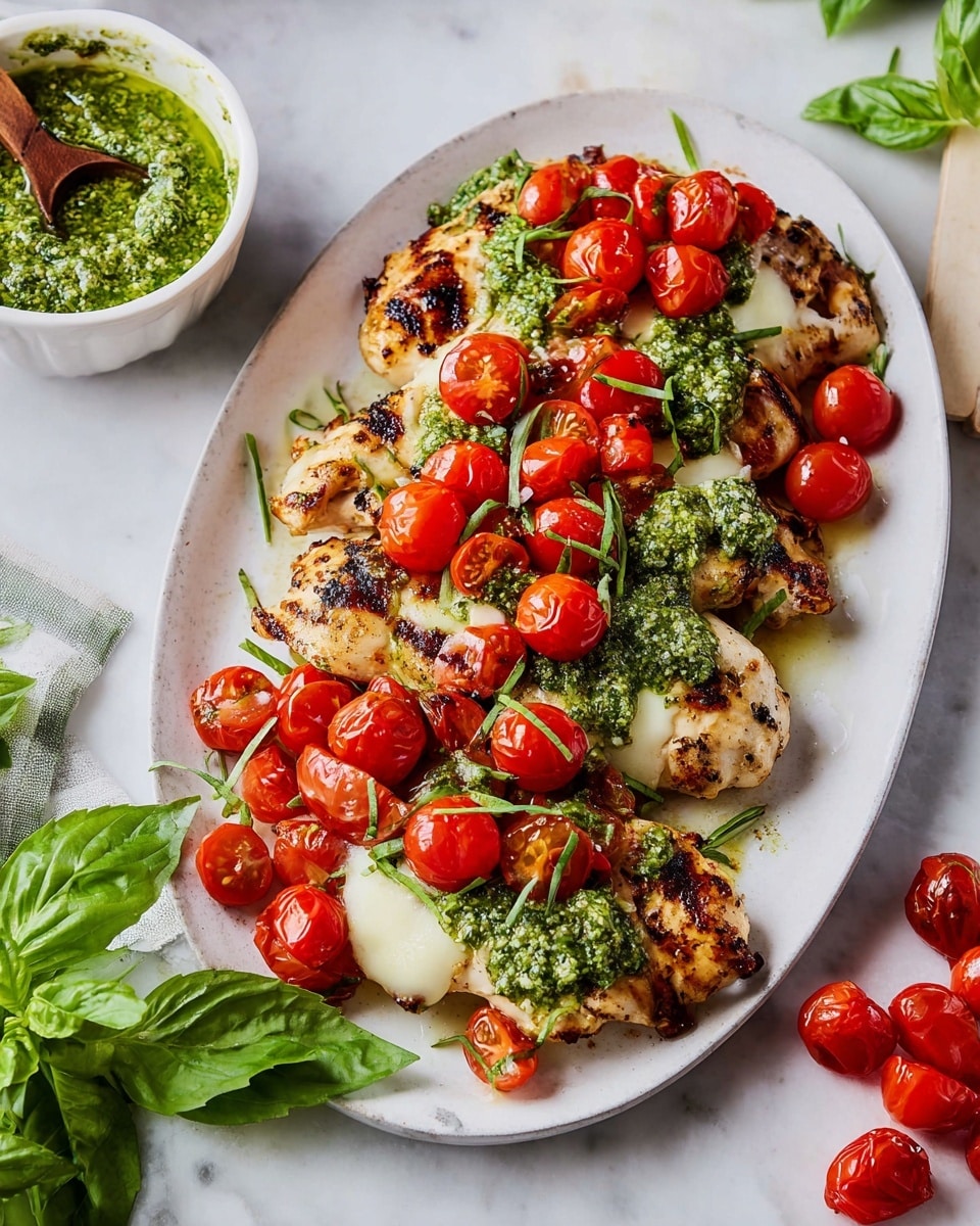 A white oval plate holds four pieces of grilled chicken breasts with visible char marks. Each chicken piece has a layer of melted white cheese on top, followed by a thick spread of bright green pesto sauce. Fresh, halved cherry tomatoes with a shiny, juicy texture are heaped generously over each piece, and thin strips of dark green fresh basil leaves are sprinkled on top and around the plate. The plate is set on a white marbled surface, with some fresh basil leaves and whole cherry tomatoes scattered nearby. In the background, a small white bowl contains more green pesto with a wooden spoon inside. photo taken with an iphone --ar 4:5 --v 7