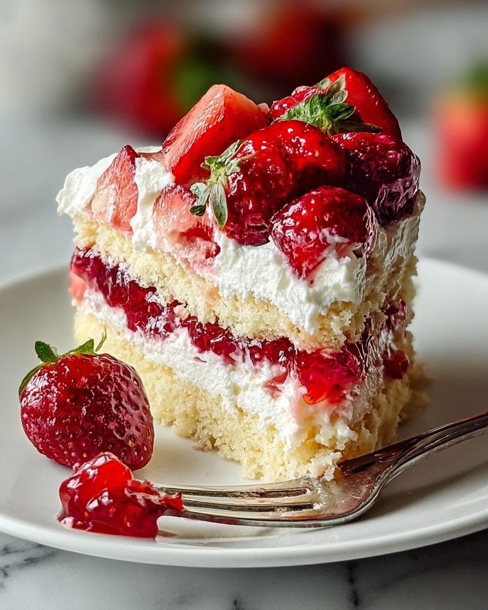 A slice of strawberry shortcake sits on a white plate on a white marbled surface, showing four distinct layers; the bottom layer is a light yellow sponge cake with a crumbly texture, on top of it is a thick white whipped cream layer, followed by a bright red strawberry jelly layer with visible pieces of strawberries inside, and topped with another layer of white whipped cream mixed with fresh whole and halved strawberries in shiny red color with green leaves. A single whole strawberry is placed on the plate near the cake, and a metal fork with a bit of strawberry jelly on it rests beside the slice. Photo taken with an iphone --ar 4:5 --v 7
