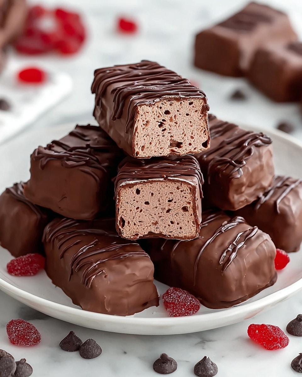 A white plate holds a pile of rectangular chocolate-covered treats arranged in layers. The bottom layer shows whole pieces with smooth, rich dark chocolate coating and fine chocolate drizzle on top. The top layer features three pieces cut in half, revealing a soft, spongy light brown interior with small air holes. Around the plate, dark chocolate chips and red gummy candies are scattered, all set on a white marbled textured surface. Photo taken with an iphone --ar 4:5 --v 7