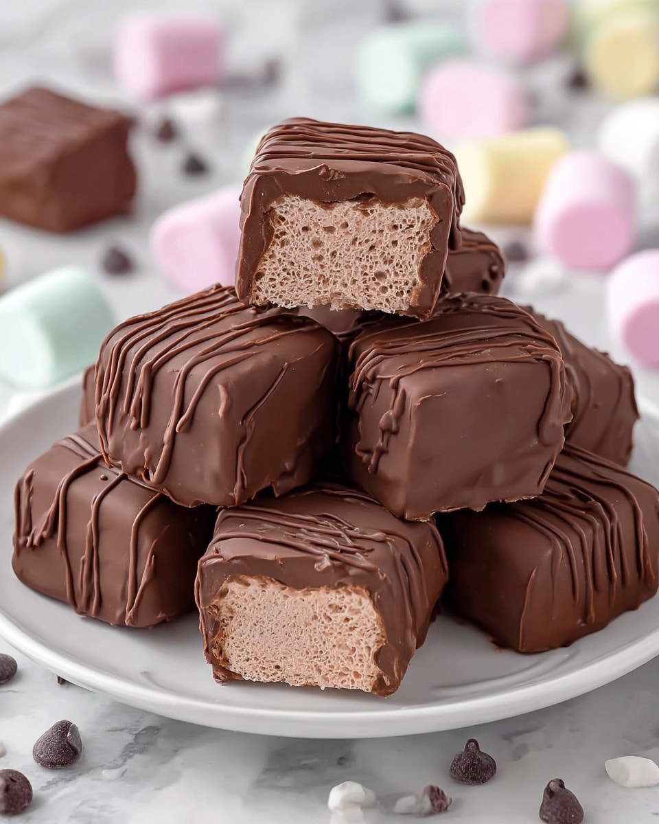 A white plate holds a stack of nine chocolate-covered marshmallow squares arranged in layers. The bottom layer has three squares, all cut to show a light brown, fluffy marshmallow center covered by a smooth, shiny milk chocolate coating. The middle layer has four whole squares fully covered with milk chocolate and thin chocolate drizzle lines on top, giving texture. The top layer has two squares stacked, one cut to show the same fluffy marshmallow inside, and the other whole with the drizzle detail. Around the plate are scattered pastel-colored marshmallow pieces and chocolate chips on a white marbled surface. photo taken with an iphone --ar 4:5 --v 7