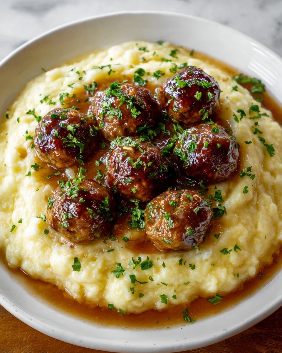 A white plate holds a creamy, light yellow mashed potato base with a slightly chunky texture, spread evenly across the plate. On top, there are six shiny, browned meatballs, layered closely together, each coated with a glossy brown gravy that pools slightly around the mashed potatoes. The meatballs are garnished with finely chopped green parsley, scattered both on the meatballs and the mashed potato layer, adding a fresh contrast. The whole dish sits on a white marbled surface. Photo taken with an iphone --ar 4:5 --v 7