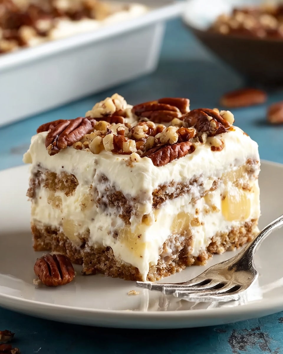 A close-up of a layered cake in a white baking dish, showing three visible layers: the bottom and middle layers are light tan cake with bits of nuts and cinnamon swirl; the top layer is thick white cream cheese frosting that drips slightly down the sides; scattered generously on top are whole and halved brown pecans, adding texture. A silver spoon is scooping a piece from the cake, revealing moist inside and some creamy sauce pooling at the bottom. The dish sits on a white marbled surface with a soft blue and white striped cloth nearby. photo taken with an iphone --ar 4:5 --v 7