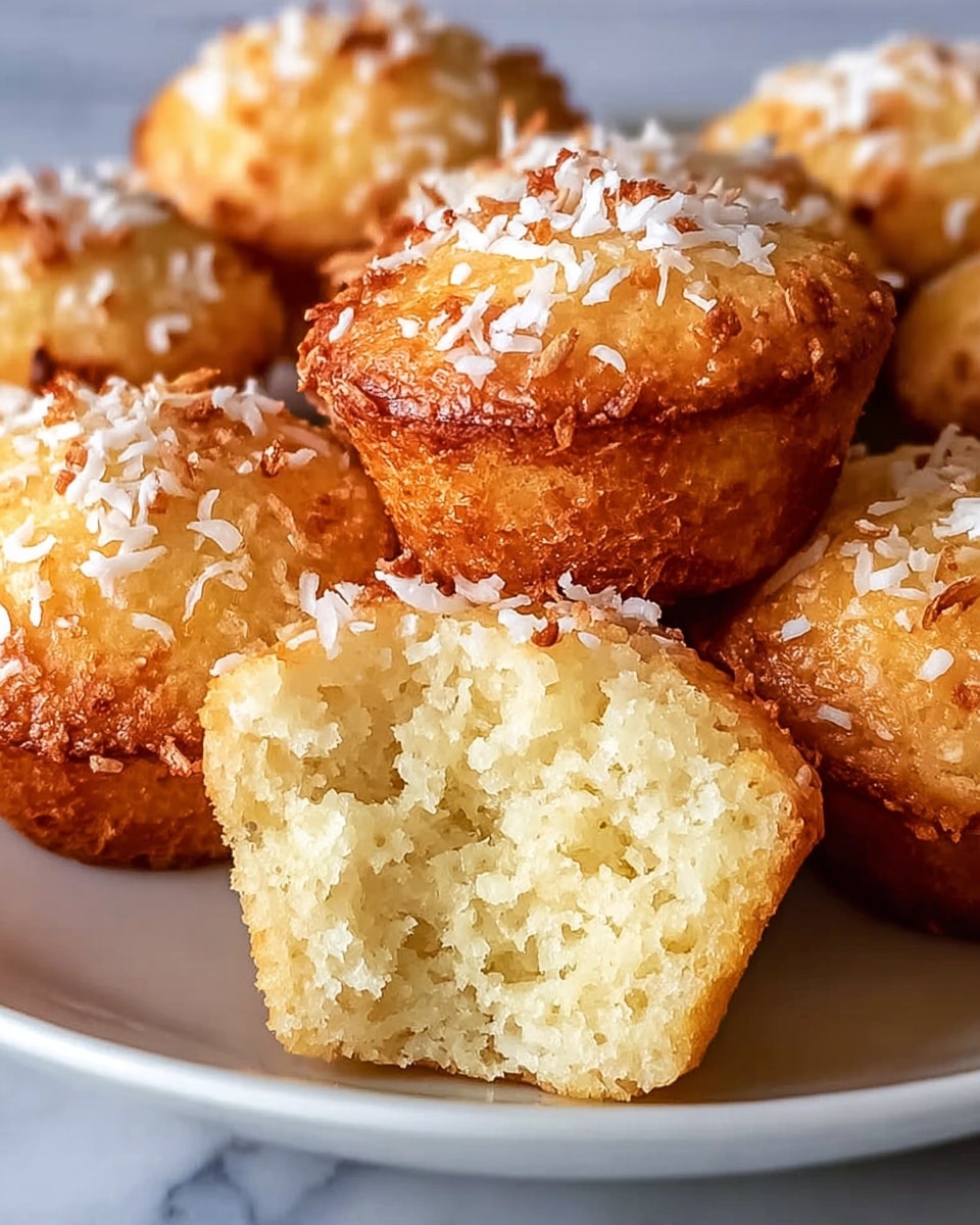 The image shows several golden brown coconut muffins arranged closely on a white plate with a smooth edge. Each muffin has a slightly crispy, browned top layer sprinkled with white shredded coconut, giving a textured and flaky look. One muffin at the front is cut in half, revealing a soft, moist, and fluffy pale yellow inside with a slightly granular texture. The muffins sit on a white marbled surface, emphasizing their warm color and detailed texture. photo taken with an iphone --ar 4:5 --v 7