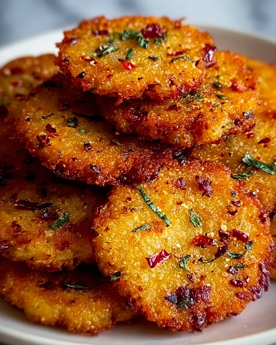 A close-up image of a stack of golden-brown, crispy fritters arranged on a white plate. Each fritter is round with a rough, crunchy texture, dotted with small red chili flakes and sprinkled with fresh green herbs scattered evenly on the surface. The edges of the fritters show a deeper golden hue, indicating they are well-fried. The fritters are stacked in a slightly uneven pile, creating depth and shadow between them. The background is a white marbled texture. photo taken with an iphone --ar 4:5 --v 7