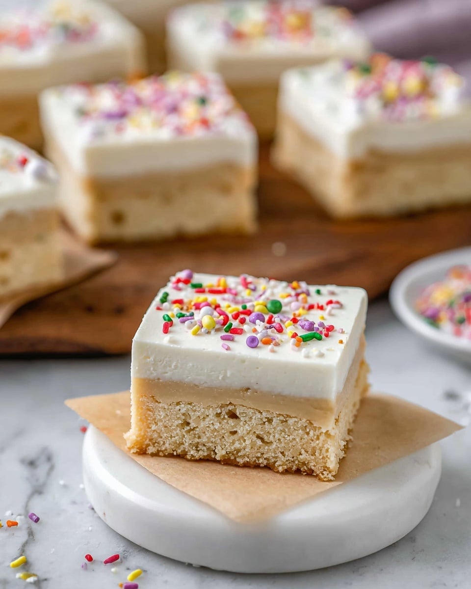 The image shows a close-up of a square dessert bar with three visible layers: a dense, crumbly light beige bottom layer, a thicker middle layer of soft, creamy light brown, and a smooth, thick white frosting layer on top sprinkled with small colorful sprinkles in red, green, yellow, and purple. The dessert sits on a small piece of light brown parchment paper, resting on a white rounded surface. In the background, more of the same dessert bars with the same three layers and frosting with sprinkles are visible, placed on a wooden board and a white plate. The surface beneath everything is a white marbled texture. photo taken with an iphone --ar 4:5 --v 7