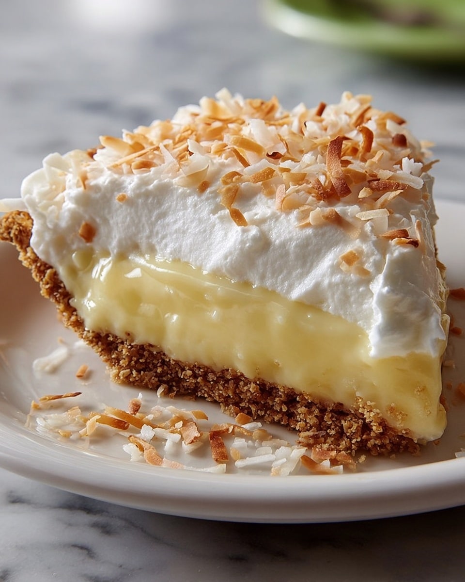 The image shows a close-up of a three-layer dessert slice on a white plate. The bottom layer is a crumbly brown crust with a rough texture. The middle layer is thick and creamy, pale yellow in color, smooth and slightly glossy. The top layer is white and fluffy, resembling whipped cream, covered with golden-brown toasted coconut flakes scattered unevenly. The dessert looks rich and moist with a soft, inviting texture. Photo taken with an iphone --ar 4:5 --v 7