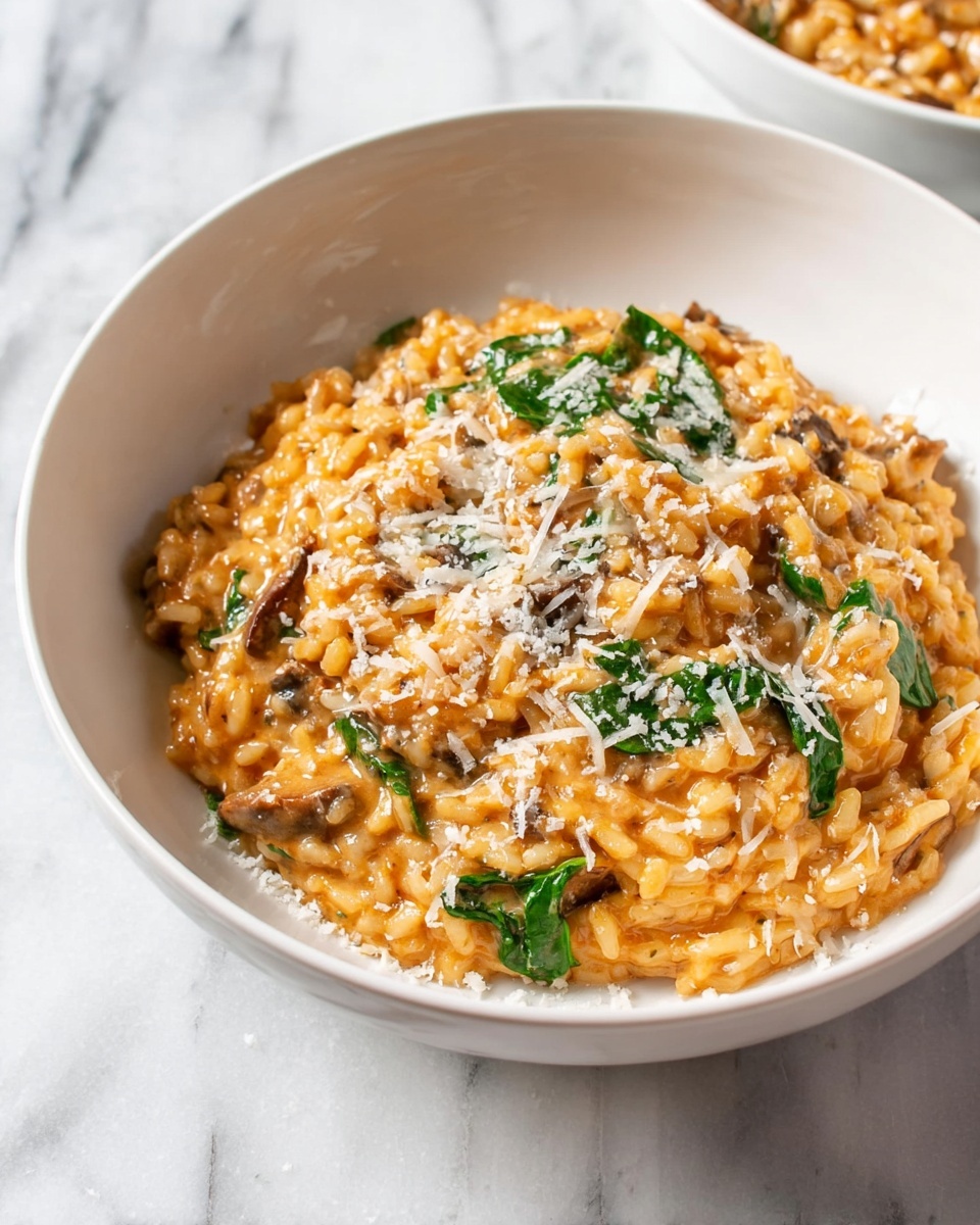 A white bowl filled with a creamy orange risotto mixed with visible small pieces of mushroom and green spinach leaves scattered throughout. The risotto has a slightly glossy texture and is topped with finely grated white cheese, adding a light sprinkle on top and around the edges inside the bowl. The bowl rests on a white marbled surface, giving a clean and bright background. photo taken with an iphone --ar 4:5 --v 7