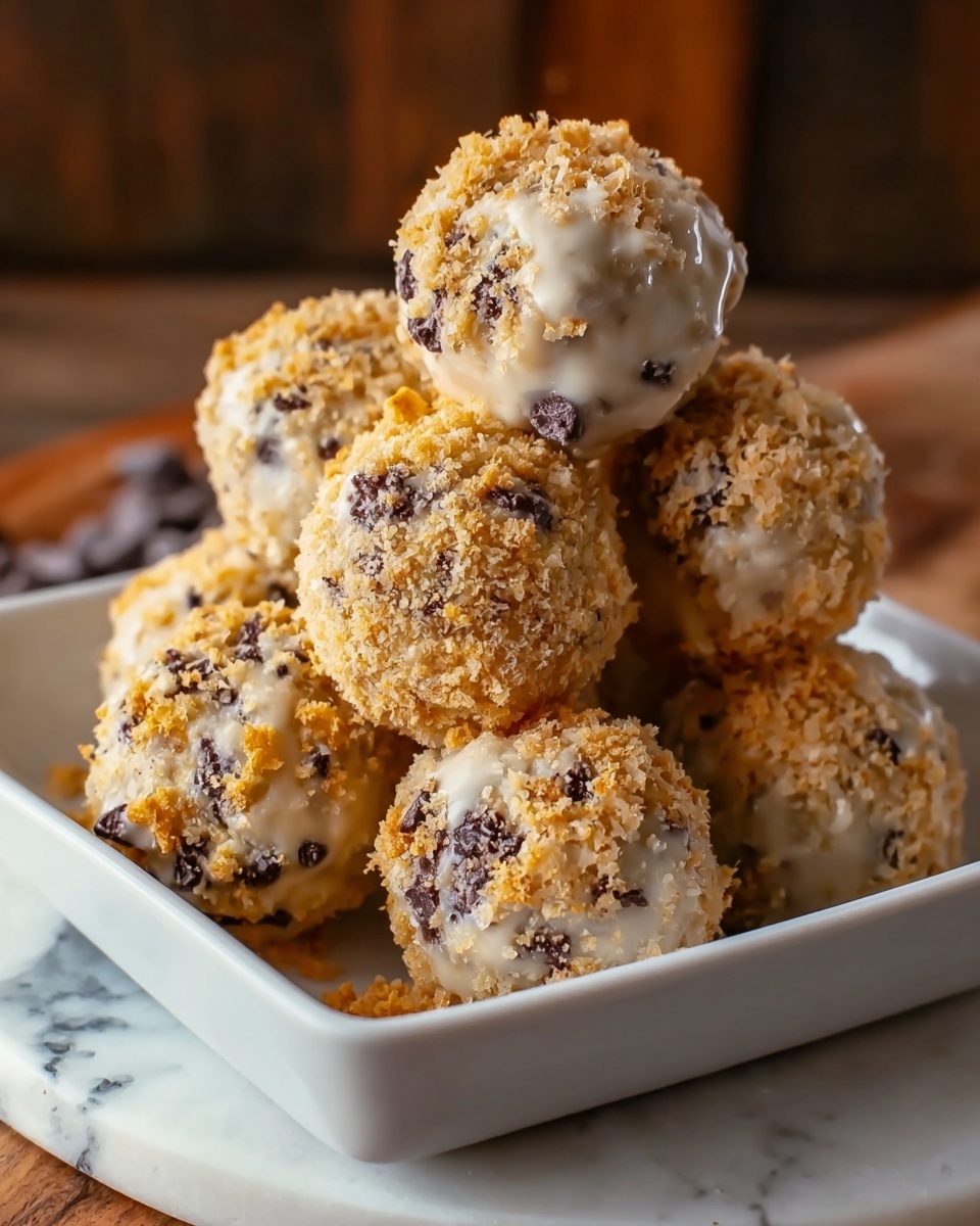 The image shows a pile of round dessert balls in a white square dish, each ball coated with a crumbly, golden-brown mixture mixed with dark chocolate chips scattered throughout. The balls have patches of creamy, light brown glaze dripping down their sides, adding a glossy texture to the otherwise crumbly surface. The dessert balls are stacked unevenly, creating a sense of height and depth. The scene is set on a white marbled surface, with blurred dark wooden elements in the background enhancing the warm and cozy feel. Photo taken with an iphone --ar 4:5 --v 7