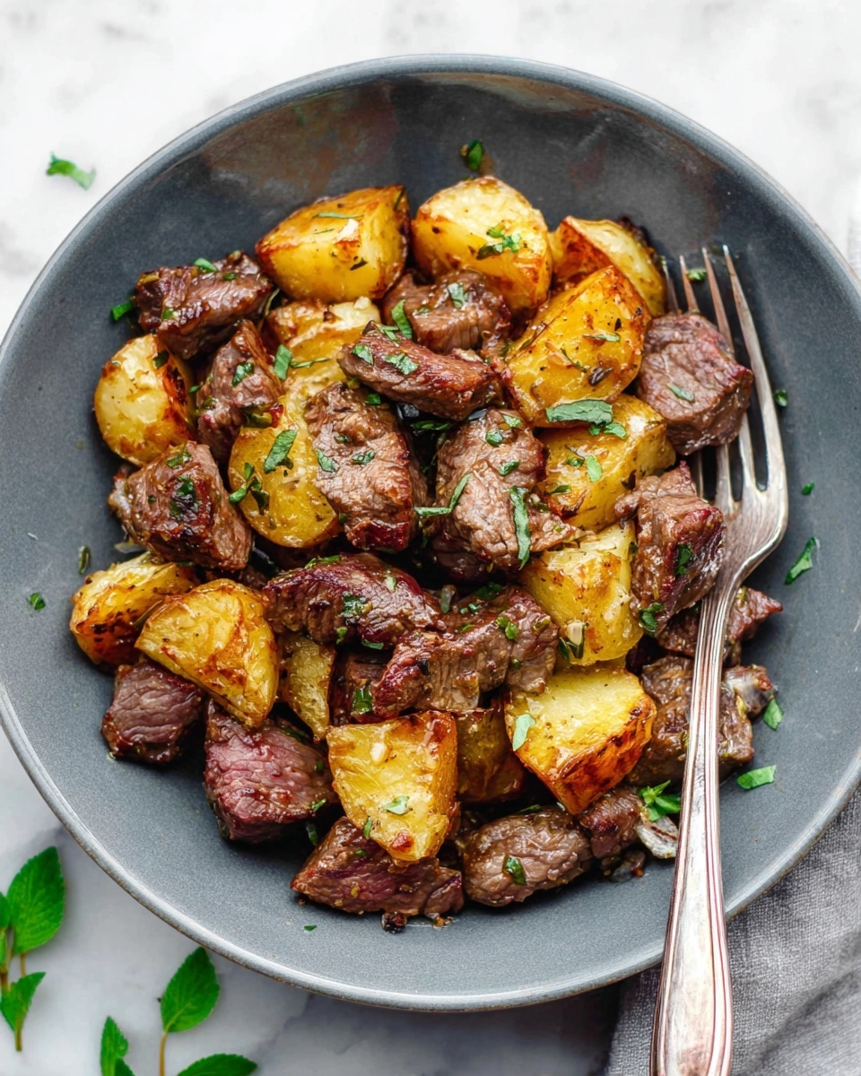 A grey bowl filled with a mix of browned, tender beef pieces and golden roasted potato chunks, both garnished with small fresh green herb leaves scattered evenly on top. The beef pieces have a slightly glossy texture with hints of juices, while the potatoes show crispy browned edges. A silver fork rests on the right side inside the bowl against the food. The bowl sits on a white marbled surface with a small green herb leaf visible near the bottom left. photo taken with an iphone --ar 4:5 --v 7