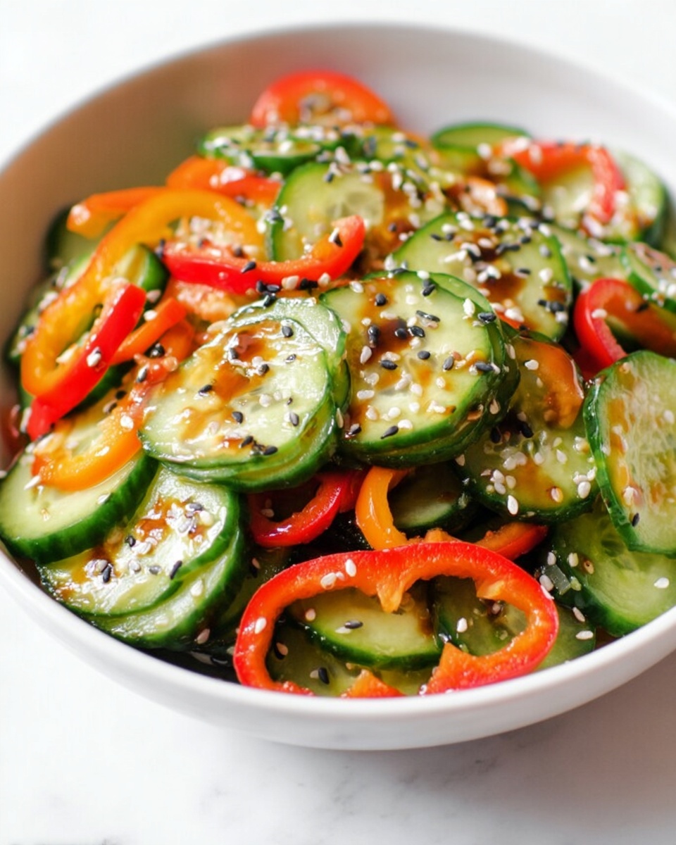 The image shows a white bowl filled with a fresh cucumber salad. The salad has several layers of thinly sliced green cucumber rounds, mixed with bright red and orange bell pepper rings. The vegetables are topped with a drizzle of dark sauce and sprinkled with white and black sesame seeds evenly across the surface, adding texture and color contrast. The cucumbers look juicy and shiny, while the bell peppers add a crisp, colorful touch. The bowl sits on a white marbled surface. photo taken with an iphone --ar 4:5 --v 7