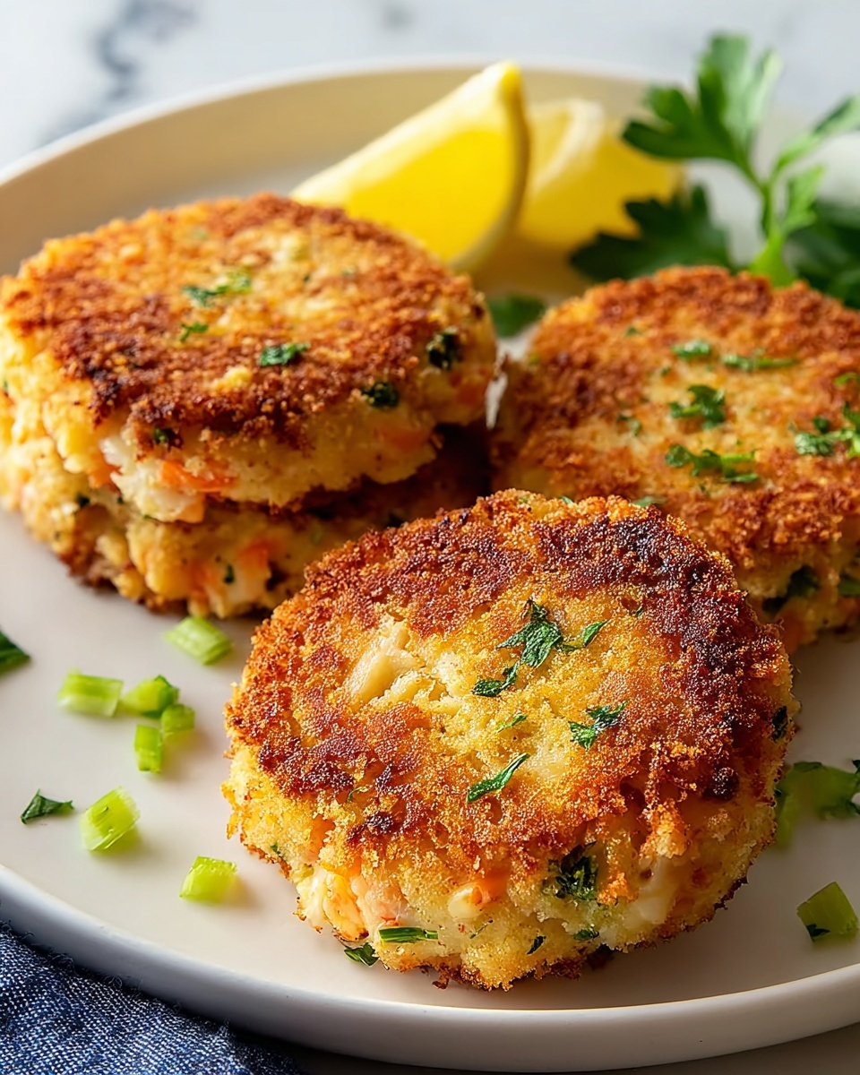 The image shows three golden brown crab cakes that are round and thick, each with a crispy, textured outer layer mixed with small green herbs. Inside the cakes, subtle orange and green bits peek through, hinting at crab meat and vegetables. The crab cakes sit on a white plate with scattered small pieces of green herbs around them. A wedge of lemon and some green parsley leaves are placed near the top edge of the plate. The plate rests on a white marbled surface with a corner of a blue cloth visible on the left side. photo taken with an iphone --ar 4:5 --v 7