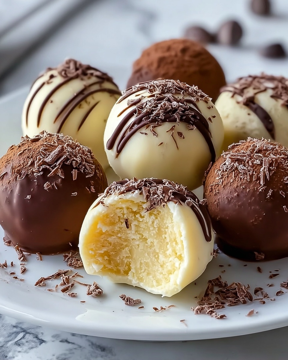 The image shows a group of round chocolate truffles arranged on a white plate placed on a white marbled surface. There are two types of truffles: some are covered entirely in smooth dark brown chocolate, while others are dipped in smooth white chocolate with a dark chocolate drizzle on top. The white chocolate truffles have finely grated dark chocolate sprinkled on the drizzle. One white chocolate truffle is cut in half at the front, revealing a soft, pale yellow filling inside with a creamy texture. Small bits of grated chocolate are scattered around the plate, adding texture and detail. Photo taken with an iphone --ar 4:5 --v 7