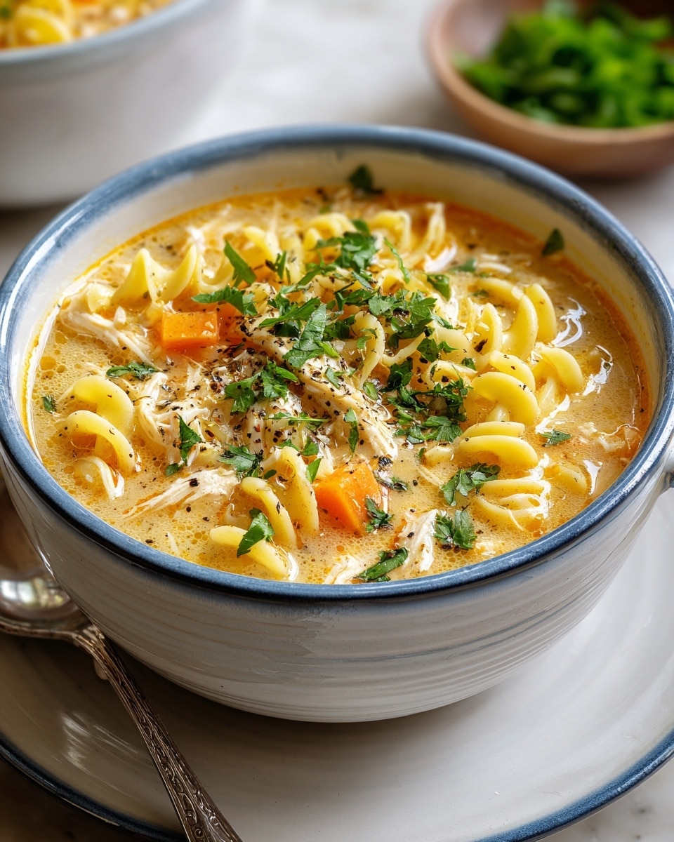 A ceramic bowl filled with creamy chicken noodle soup sits on a white plate over a white marbled surface. The soup shows three visible layers: the top layer is sprinkled with fresh chopped green parsley and coarse black pepper, the middle layer contains yellow curly egg noodles and small bite-sized pieces of orange carrot, and the bottom layer has a rich light golden broth with tender white shredded chicken pieces. The bowl has a smooth glazed texture in shades of gray and white with a blue rim, and a silver spoon lies next to it. In the background, there is a small bowl of more green parsley. photo taken with an iphone --ar 4:5 --v 7
