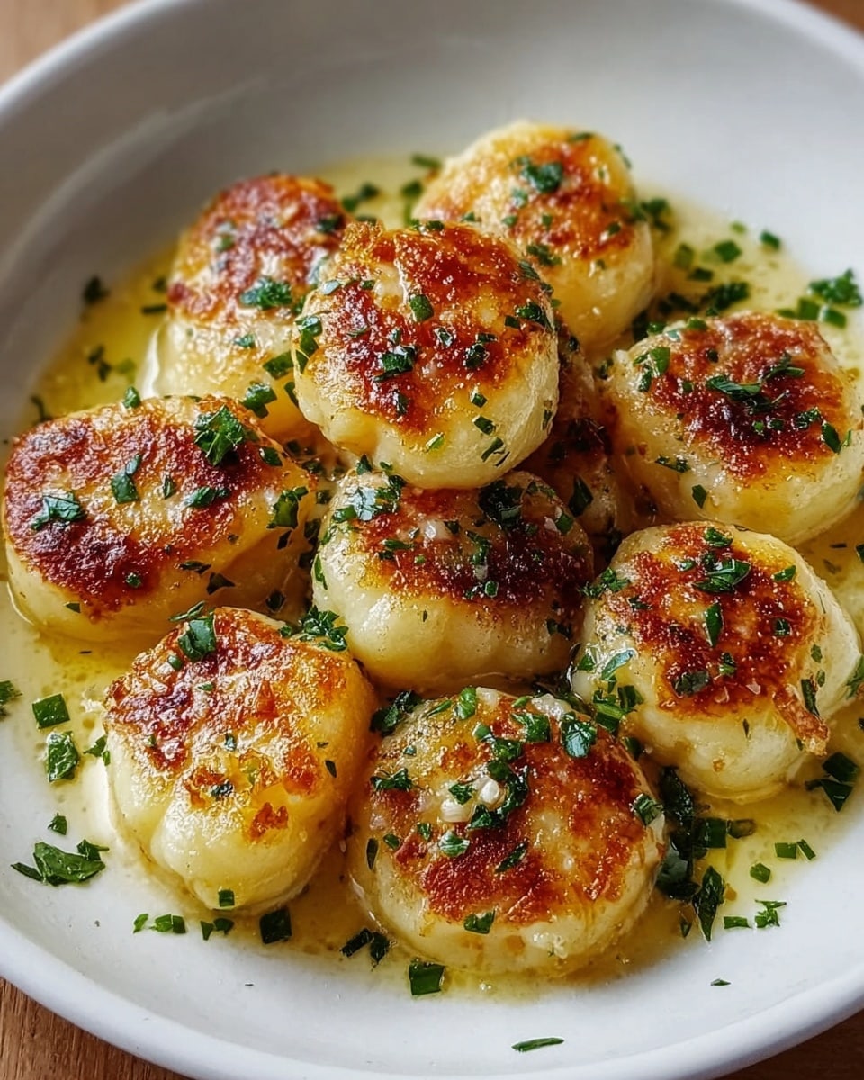 The image shows a white bowl filled with eight round gnocchi that have a golden brown, crispy layer on top with hints of a softer, light yellow base beneath. The gnocchi are garnished with small pieces of fresh green herbs sprinkled evenly across the surface. A light sauce pools gently at the bottom, giving the gnocchi a shiny, slightly oily look. The bowl sits on a white marbled surface, and the overall scene highlights the contrast between the browned gnocchi and the fresh green herbs. photo taken with an iphone --ar 4:5 --v 7
