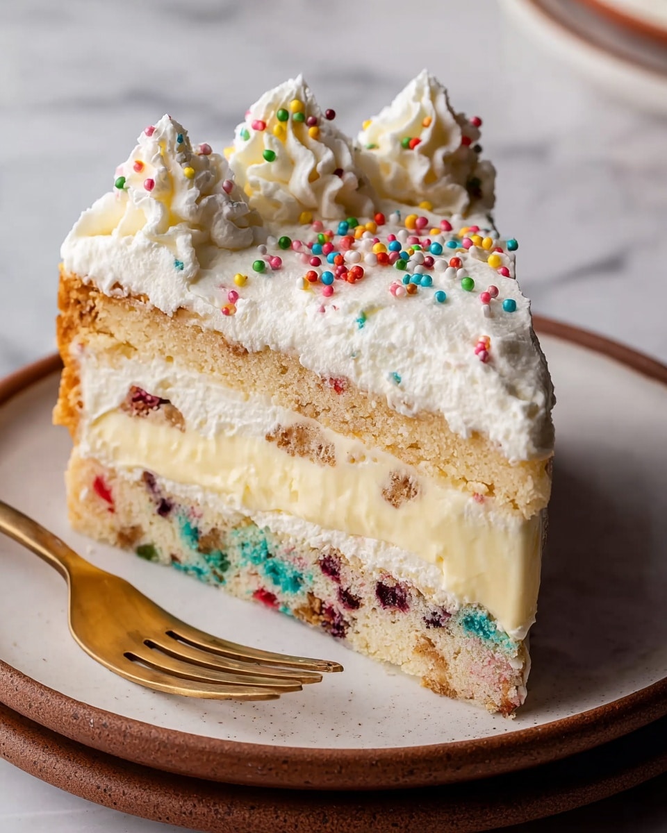 A slice of layered party cake sits on a white plate with a brown rim, showing four visible layers from bottom to top: a crumbly light brown and colorful speckled base, a thick smooth pale yellow custard layer with colorful sprinkles inside, a thick fluffy white cream layer, and a white whipped cream top layer with small swirls and multicolored round sprinkles scattered on it. A bronze fork lies next to the cake on the plate, and the background is a white marbled texture. photo taken with an iphone --ar 4:5 --v 7