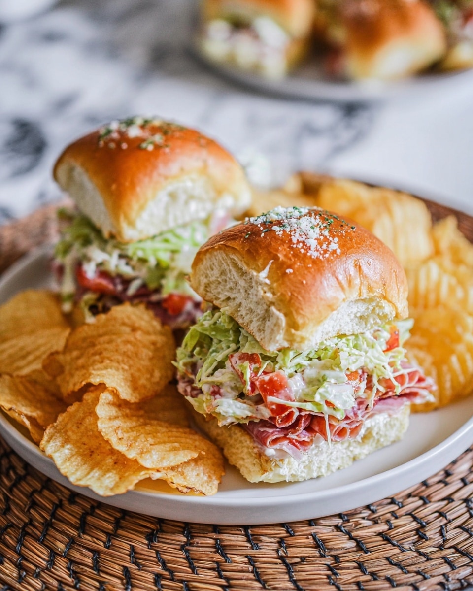 The image shows two sandwich sliders stacked on a white plate, each with three soft, golden-brown buns sprinkled lightly with herbs and cheese on top. Inside the sandwiches are layers of thin slices of reddish deli meat, shredded green lettuce mixed with small pieces of bright red tomatoes and creamy dressing, creating a fresh and colorful look. The bottom bun sits under the meat and veggies, while the top bun covers everything. Beside the sandwiches, there is a pile of crispy, golden potato chips. The plate is set on a wicker placemat with a white marbled surface in the background. photo taken with an iphone --ar 4:5 --v 7