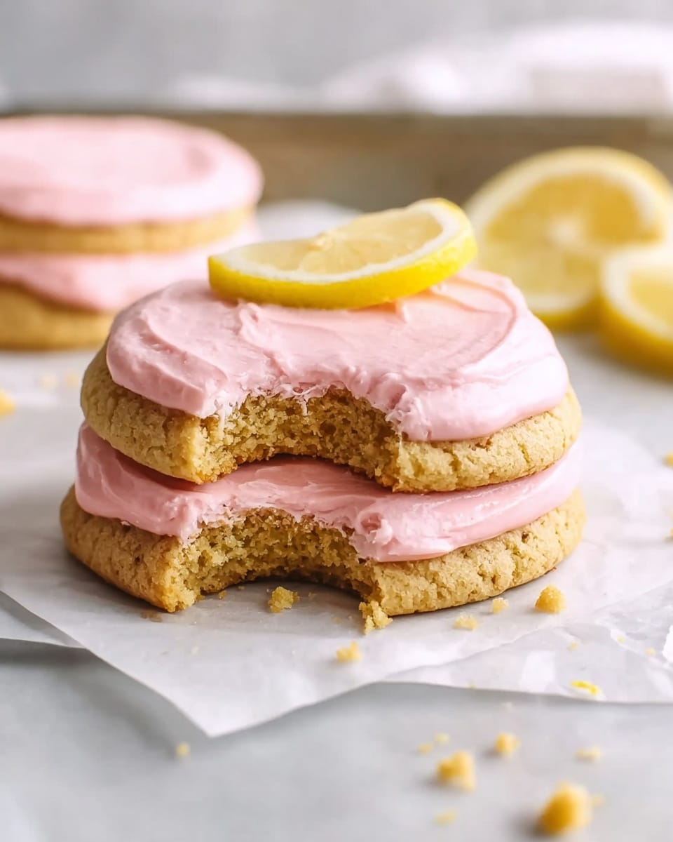A close-up of a two-layer cookie sandwich placed on white parchment paper on a baking tray, with the bottom and top cookie layers light golden brown and soft textured. Between the cookies is a thick, smooth pink frosting layer. The top cookie has a bite taken out, showing its crumbly inside, and is covered with the same pink frosting on top. A small lemon wedge sits on the upper right corner of the cookie, with extra lemon wedges blurred in the white marbled background. There are a few cookie crumbs scattered around the sandwich. Photo taken with an iphone --ar 4:5 --v 7
