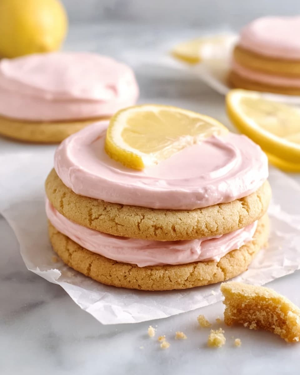 The image shows a sandwich-style cookie with three layers on a white marbled surface. The bottom and top layers are soft, light tan cookies with a slightly cracked texture. Between these cookies is a thick, smooth layer of pale pink frosting, and a second layer of the same frosting is spread generously on top of the upper cookie. The top layer of the cookie has a small wedge of lemon as decoration. There are a few crumbs scattered in front of the cookie on a white piece of parchment paper, and lemon wedges are visible in the background. Photo taken with an iphone --ar 4:5 --v 7