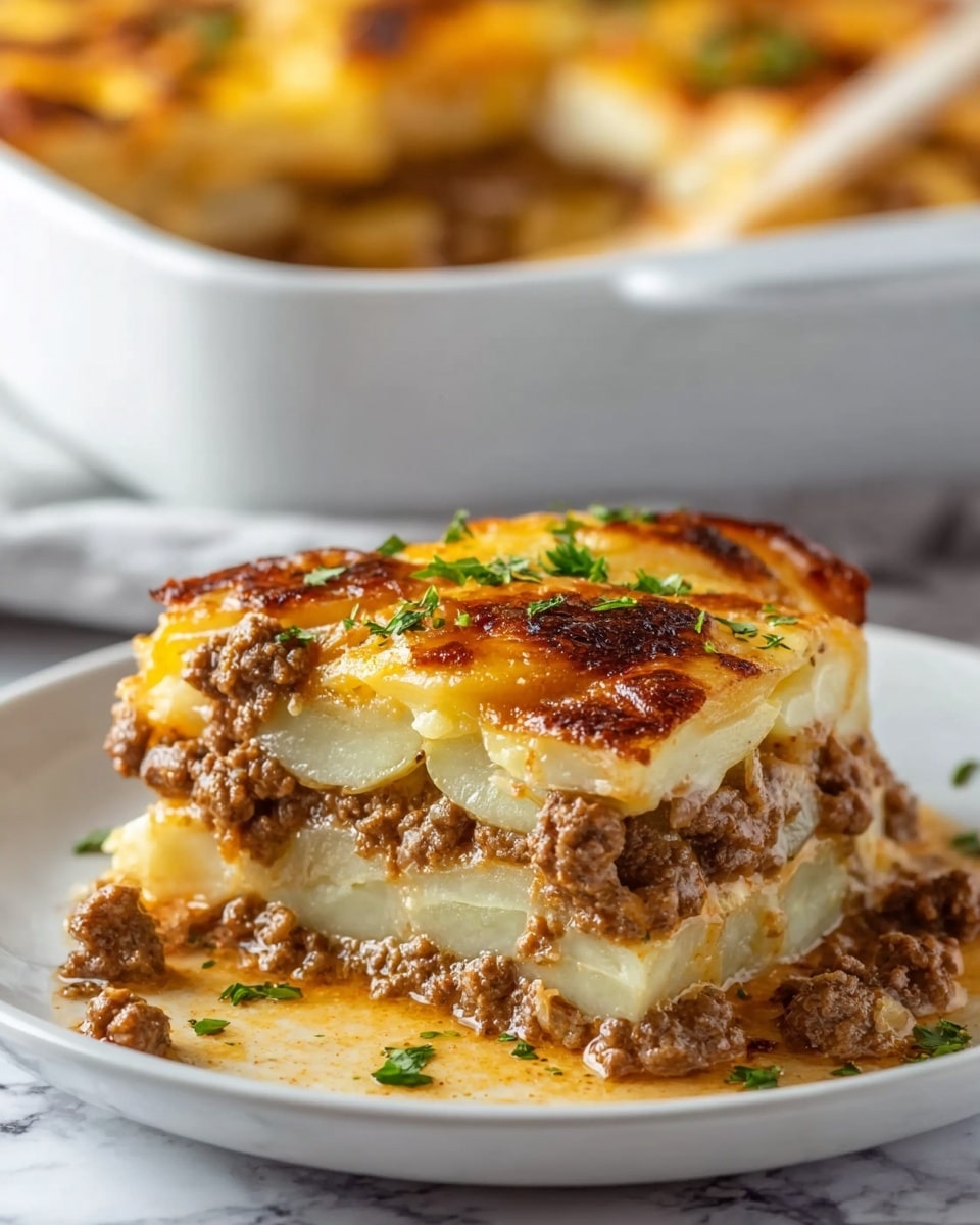A close-up of a slice of layered dish on a white plate shows three distinct layers, starting with a base of white, creamy sliced potatoes, topped with a thick middle layer of browned ground meat mixed with sauce, followed by a golden-brown melted cheese layer with crispy spots and sprinkled fresh green herbs on top, all sitting on a white marbled surface. In the background, a white dish filled with more of the layered meal is slightly out of focus. photo taken with an iphone --ar 4:5 --v 7