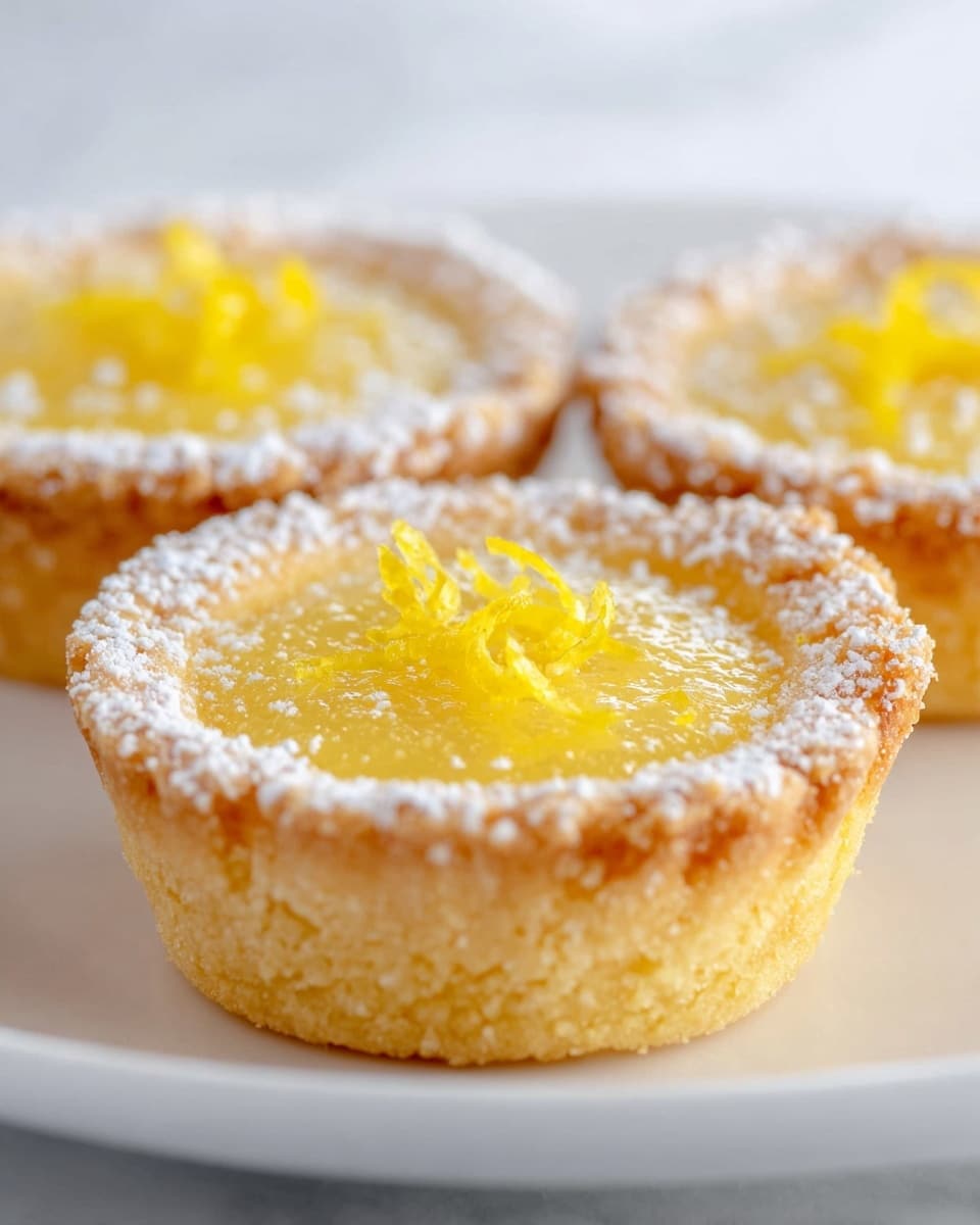 The image shows three small lemon tarts placed close to each other, with one tart in sharp focus at the front center and two more blurred in the background. Each tart has a crumbly, golden-brown crust forming the base and sides, about one layer thick. The crust edges are coated lightly with powdered sugar, adding a textured white layer. Inside, a smooth, glossy yellow lemon filling sits flush with the crust edges, forming a flat second layer. On top of the lemon filling, there are small, thin yellow lemon zest curls scattered for decoration. All the tarts are set on a white plate that sits on a white marbled surface. photo taken with an iphone --ar 4:5 --v 7
