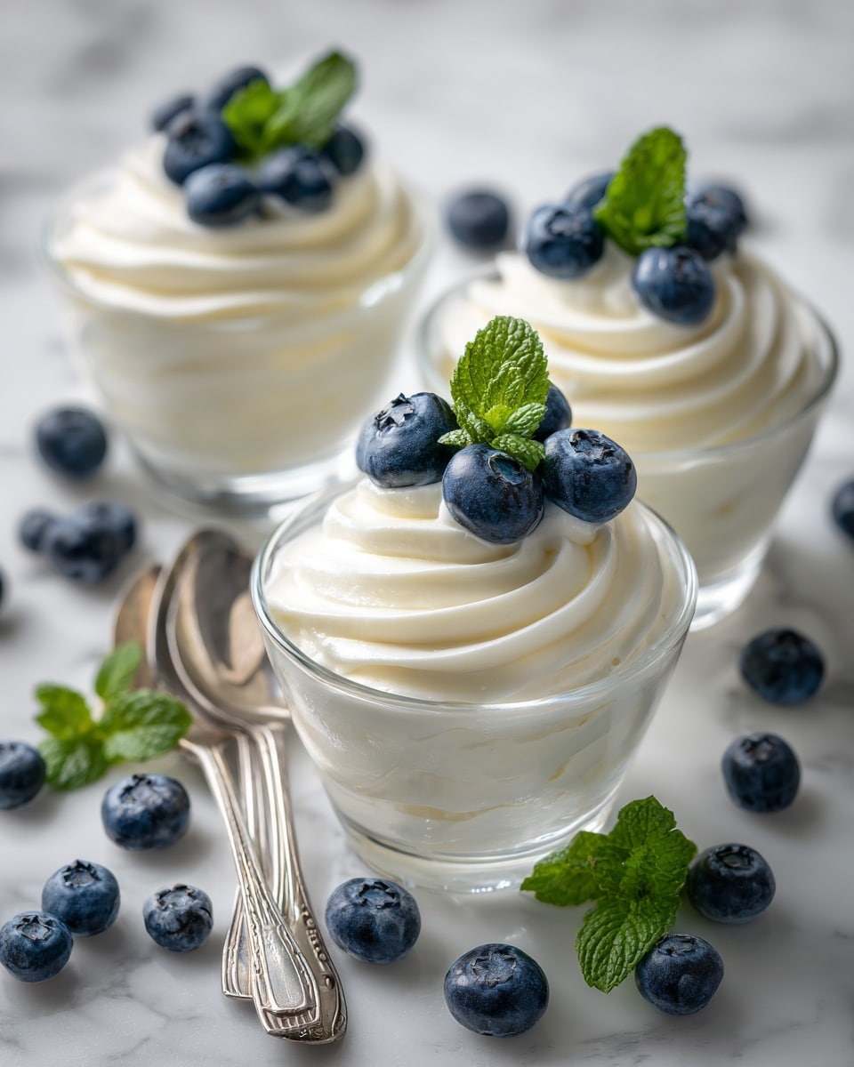 Three clear glass dessert cups are filled with two thick, smooth layers of creamy white mousse, swirled to form soft peaks on top. Each cup is decorated with two fresh blueberries and a small sprig of bright green mint leaves placed neatly at the center of the top layer. The cups rest on a white marbled surface scattered with additional blueberries and mint leaves. Two silver spoons lie beside one of the cups, adding a clean metallic accent to the fresh, elegant presentation. Photo taken with an iphone --ar 4:5 --v 7