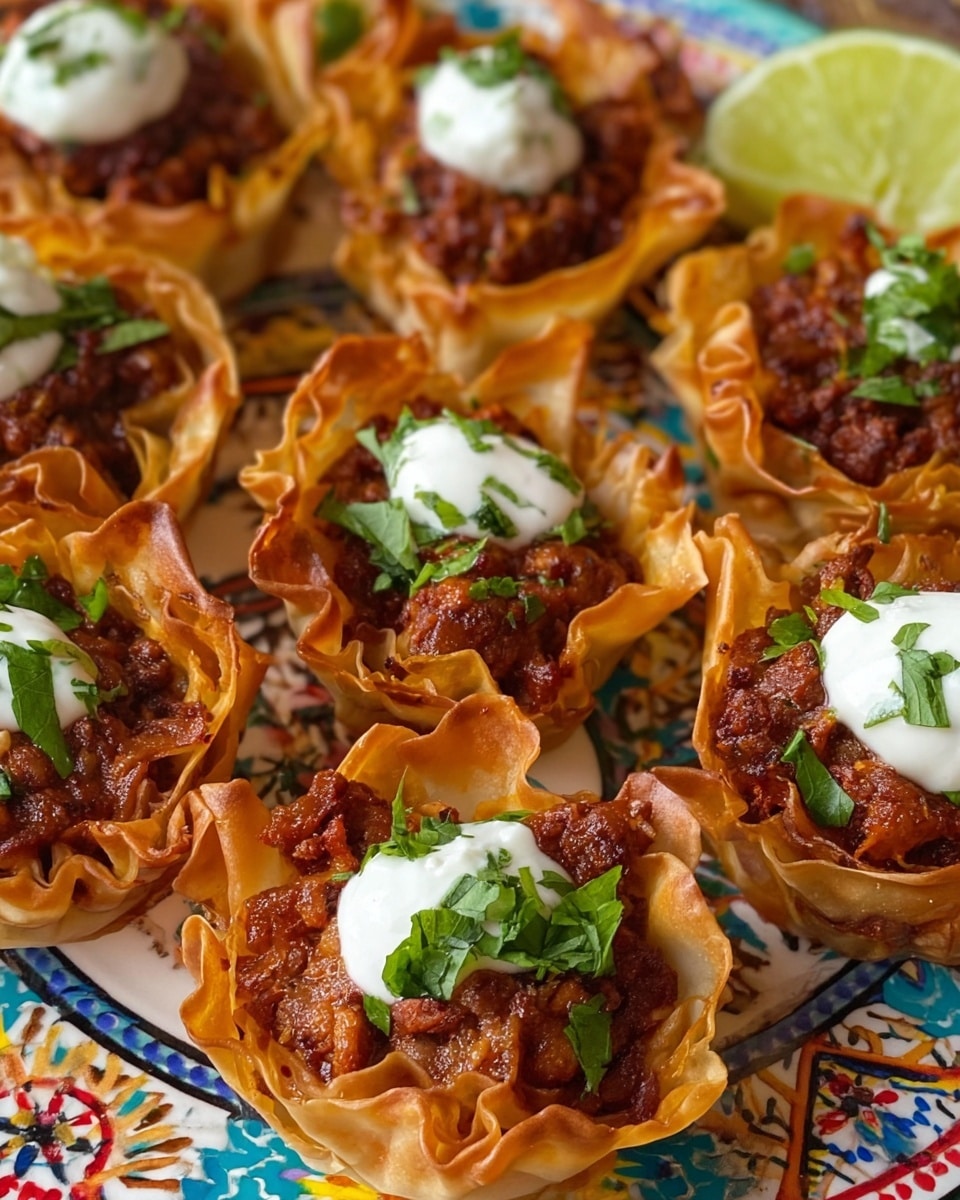 The image shows several small crispy golden-brown phyllo cups filled with a chunky reddish-brown meat mixture. Each cup is lightly browned on the edges with a slightly crinkled texture, holding the thick meat mixture that has a rich, savory, and slightly oily look. Some cups are topped with small dollops of white sour cream or yogurt and sprinkled with chopped fresh green herbs, adding a fresh touch. The cups are arranged closely together on a white plate with colorful, intricate patterns beneath them, and a wedge of lime is visible in the top right corner. photo taken with an iphone --ar 4:5 --v 7