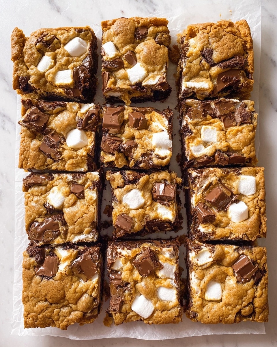 The image shows twelve square pieces of a baked treat arranged closely in a 3 by 4 grid on white parchment paper on a white marbled surface. Each piece has a golden-brown cookie layer on top, studded with chunks of milk chocolate and small pockets of white melted marshmallow visible throughout. Below the cookie layer, there is a dark, rich chocolate brownie layer that looks soft and dense. The cookie layer is slightly cracked and textured with gooey, unevenly melted marshmallow bits and generous chunks of chunky chocolate embedded on top. Photo taken with an iphone --ar 4:5 --v 7