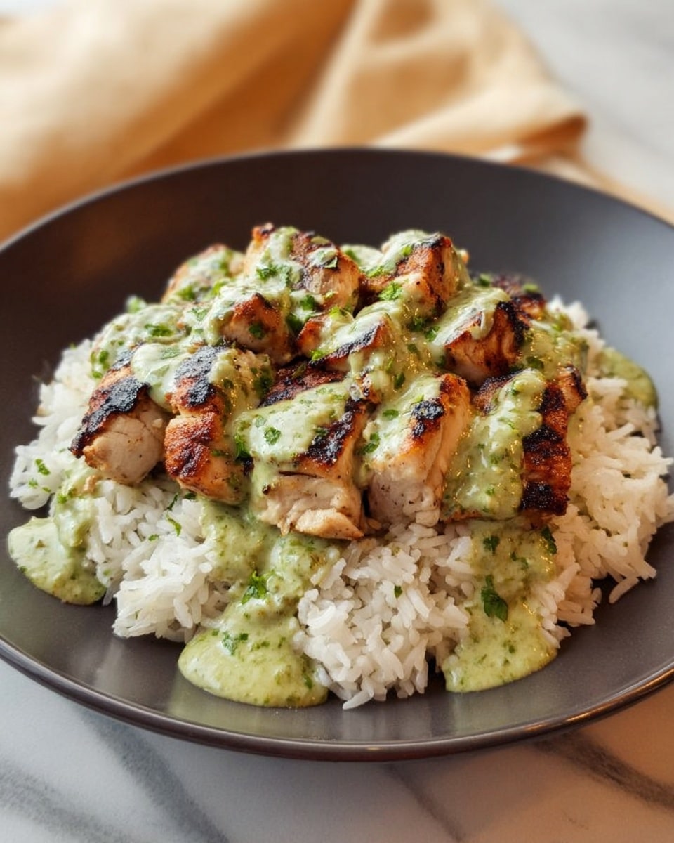A dark plate holds a bed of fluffy white rice with a soft texture. On top, there are several pieces of grilled chicken, browned with char marks and juicy inside. Over the chicken, a creamy green sauce with herbs drips down the sides, adding a fresh, smooth layer with small bits of herbs visible. The plate sits on a white marbled surface, with a soft beige cloth blurred in the background. Photo taken with an iphone --ar 4:5 --v 7
