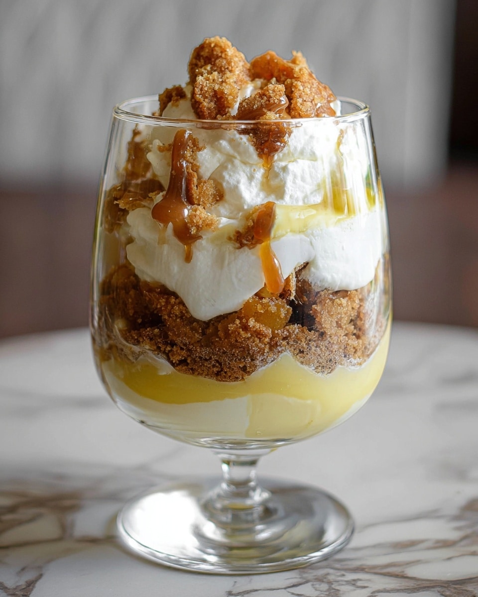 This image shows a dessert in a clear glass with four layers. The bottom layer is crumbly and brown, looking like a crunchy crumble or cookie pieces. Above it, there is a thick creamy yellow layer that looks smooth and soft. The third layer is white and fluffy, like whipped cream, with some brown syrup dripped over it. The top layer consists of more crumbly brown pieces, adding texture and crunch. The glass is placed on a table with a white marbled texture in the background. Photo taken with an iphone --ar 4:5 --v 7
