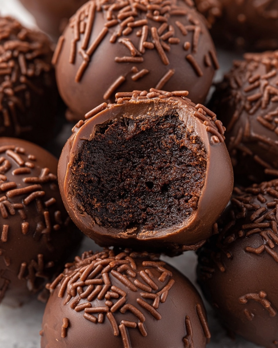 A close-up image of round chocolate truffles showing a rich dark brown outer shell with a smooth surface covered in small chocolate sprinkles, the center truffle is partially bitten revealing a moist, dense, and dark chocolate filling with a slightly coarse texture inside. The truffles rest closely together, emphasizing the glossy and textured dark brown chocolate layers. The background is a white marbled surface. photo taken with an iphone --ar 4:5 --v 7