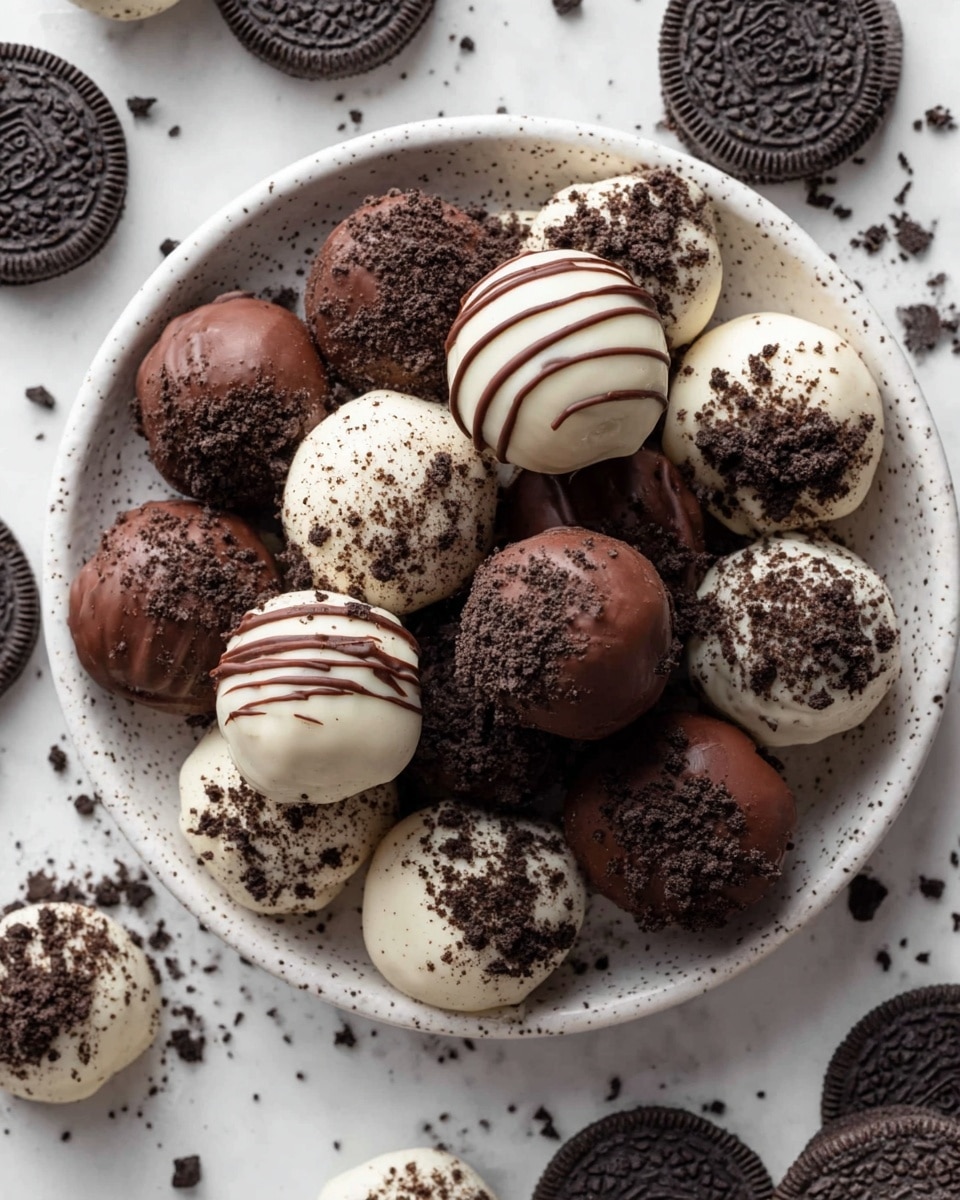 A white speckled plate filled with round truffles, some coated in smooth white chocolate and others in dark chocolate, each truffle sprinkled or drizzled with crushed dark cookie crumbs creating a textured look. The truffles sit on top of whole dark chocolate sandwich cookies evenly spread on the plate. The plate is placed on a white marbled surface with additional dark chocolate sandwich cookies and cookie crumb truffles scattered around it. The overall colors are dark brown, white, and black with a mix of smooth, crumbly, and drizzled textures, creating a rich and inviting display. Photo taken with an iphone --ar 4:5 --v 7