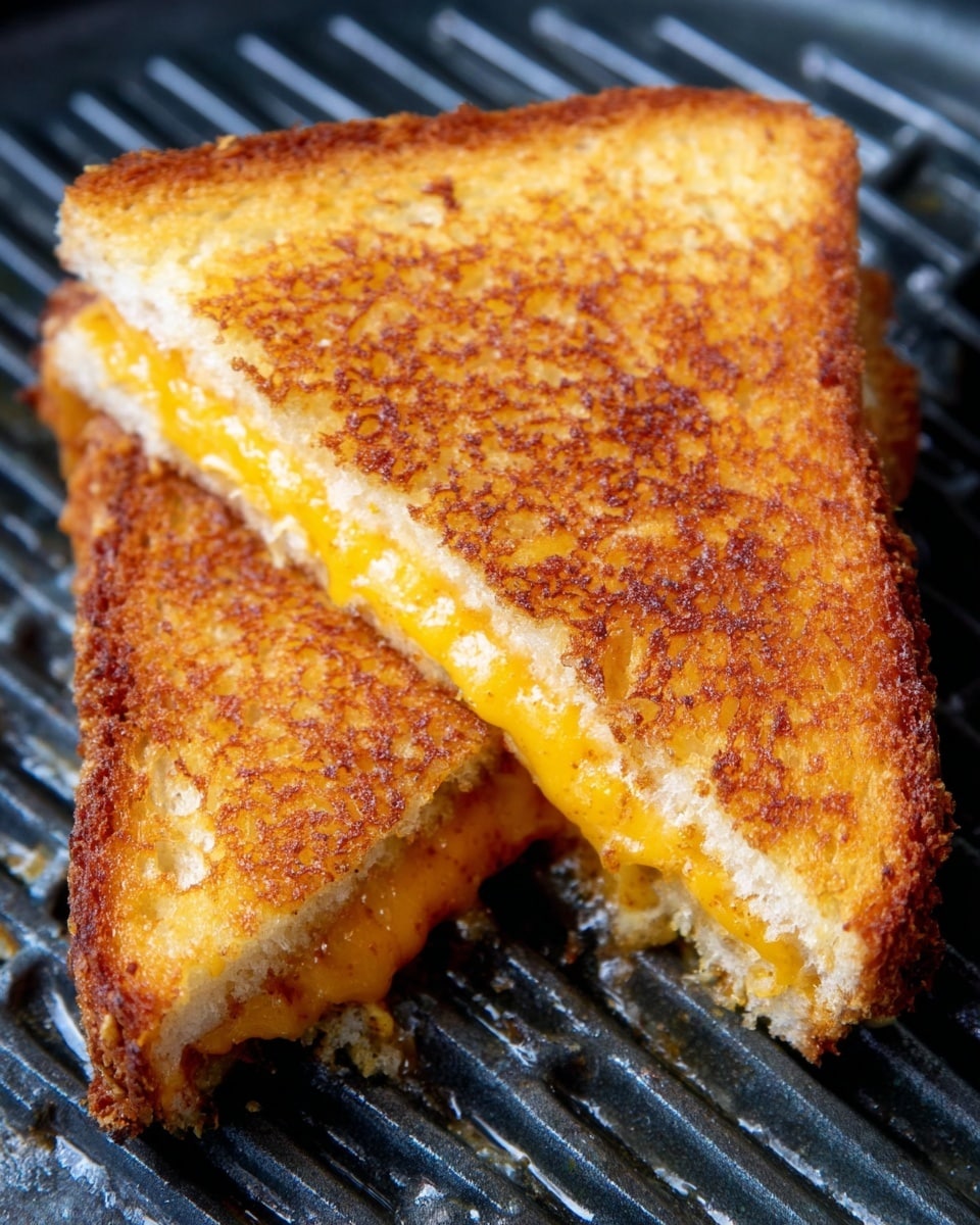 A close-up of a grilled cheese sandwich cut diagonally into two large triangular halves, showing two thick layers of toasted bread on the outside with a rich golden-brown, crispy texture. Between the bread layers, melted cheddar cheese oozes out slightly at the edges, offering a smooth and shiny orange layer. The sandwich rests on a black grill pan with a grid pattern, and the background is a white marbled texture. photo taken with an iphone --ar 4:5 --v 7