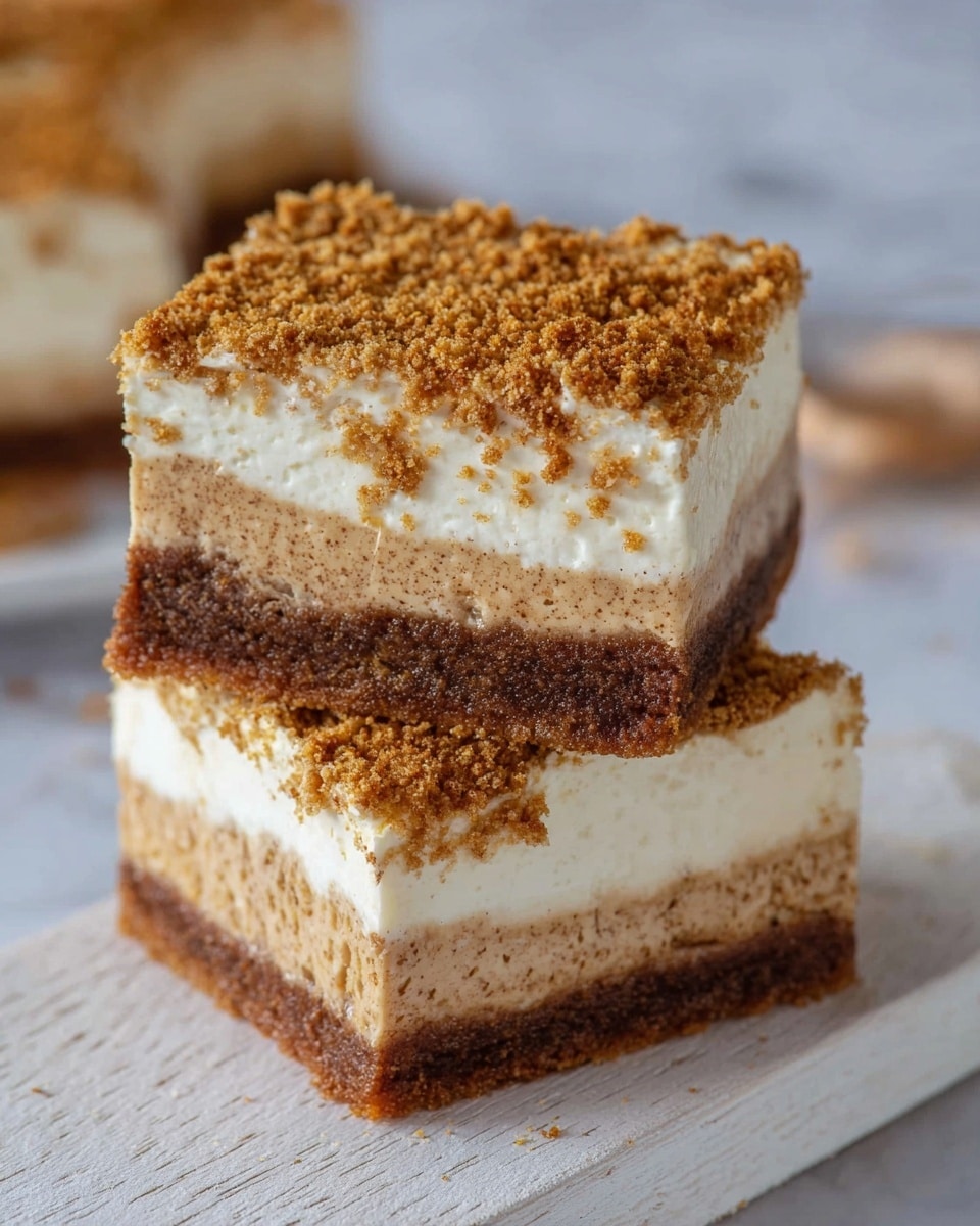 The image shows two thick square pieces of layered dessert stacked on a white wooden board with a white marbled surface underneath. Each piece has four visible layers: the bottom layer is a dense, dark brown crumbly crust, above it is a thick, light brown creamy filling, followed by a thin white creamy layer, and finally topped with a generous sprinkling of golden brown crumbled topping. The upper piece is slightly tilted, showing the soft texture of all layers clearly, especially the speckled light brown filling. Photo taken with an iphone --ar 4:5 --v 7