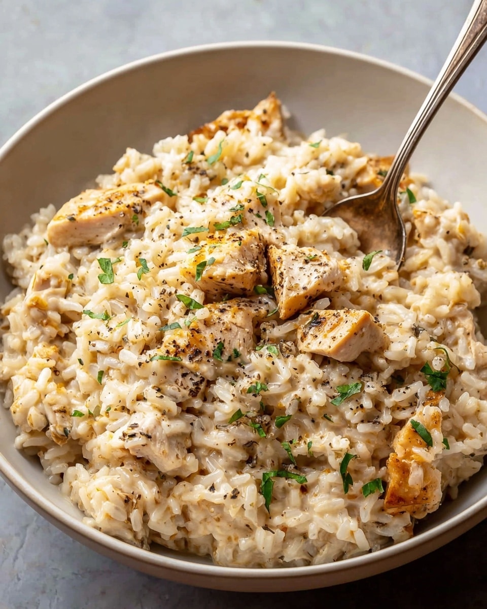 A white bowl holds creamy white rice as the base layer, mixed with shredded light brown chicken pieces on top. The chicken and rice are covered with small green chopped herbs and scattered red chili flakes for color and texture contrast. A large silver spoon rests inside the bowl, all set on a white marbled surface with a folded gray cloth underneath. Photo taken with an iphone --ar 4:5 --v 7