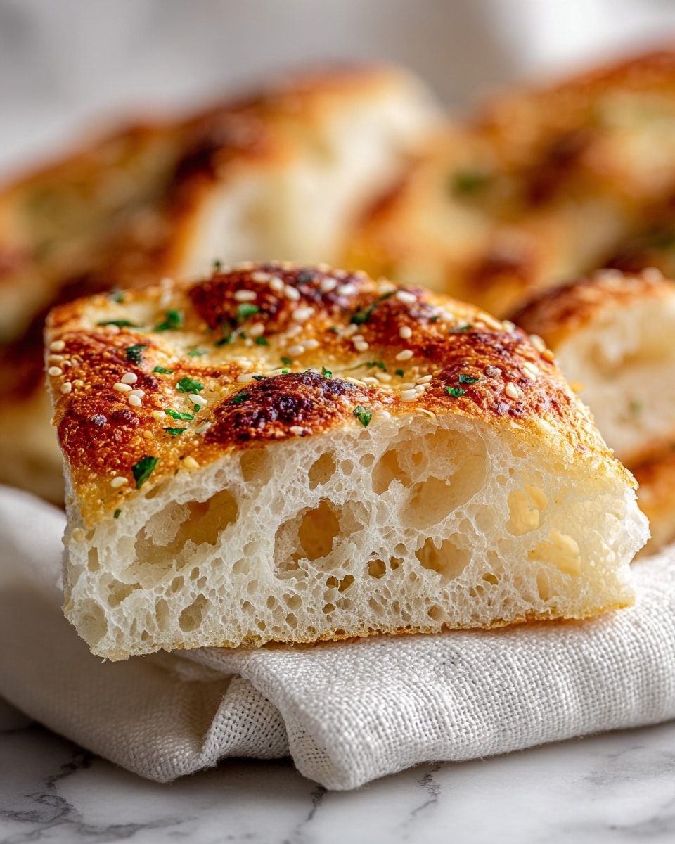 The image shows a close-up of a piece of flatbread with a golden-brown toasted top sprinkled with sesame seeds and small green herb bits. The bread is airy and light, revealing a fluffy inside with large air pockets and a soft texture. The flatbread is resting on a white cloth with other similar flatbreads seen blurred in the background. The surface beneath is a white marbled texture. photo taken with an iphone --ar 4:5 --v 7