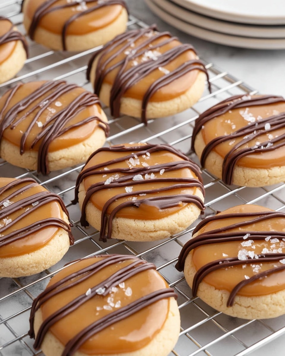 The image shows several round cookies with a soft, light beige base forming the first layer. Each cookie has a smooth, shiny caramel layer in the center, colored rich golden brown and slightly glossy. Over the caramel layer, thin zigzag lines of milk chocolate drizzle cover the top, dark brown and slightly glossy. Some cookies have small white flakes of sea salt sprinkled on the caramel for texture. The cookies rest on a silver metal cooling rack, which stands out against a white marbled background. In the top right corner, a stack of clean white plates is partially visible. Photo taken with an iphone --ar 4:5 --v 7