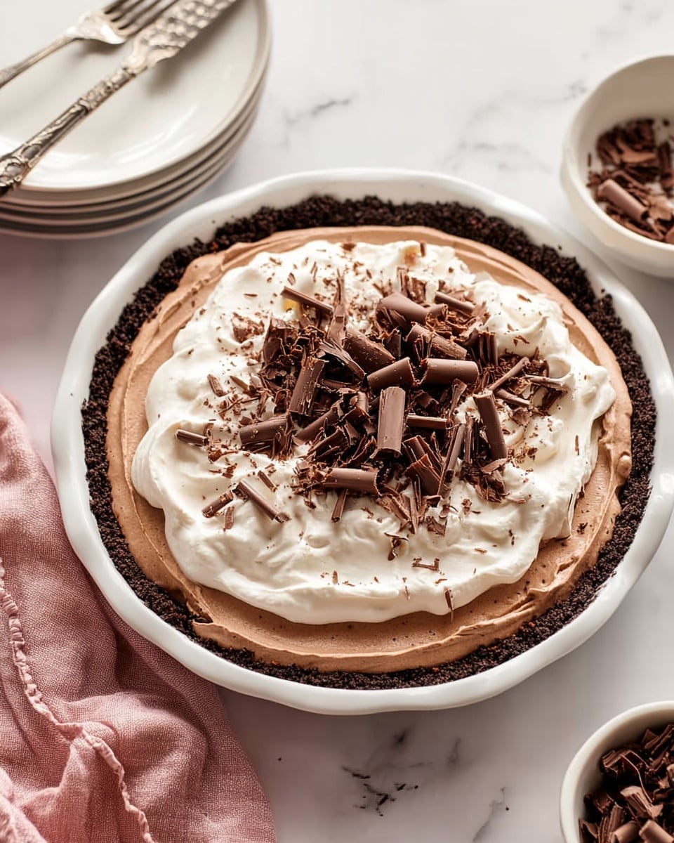 A close-up of a slice of layered chocolate cream pie resting on a small white plate with a rough base. The pie has three distinct layers: a dark brown crumbly chocolate crust at the bottom, a thick creamy milk chocolate middle layer, and a fluffy white whipped cream top layer. On top of the whipped cream, there are three curled chocolate shavings, dark brown and glossy, adding a decorative touch. In the blurred background, there is the rest of the pie on a white plate, also topped with whipped cream and chocolate pieces, all set against a white marbled surface. photo taken with an iphone --ar 4:5 --v 7