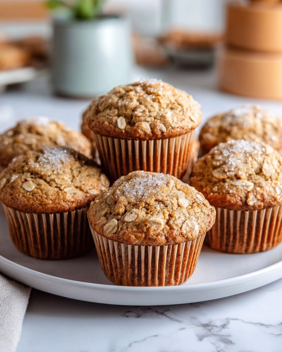 A close-up of seven oat muffins arranged on a white plate, each muffin having a golden-brown top speckled with oats and lightly dusted with sugar. The muffins have a textured, slightly cracked surface showing the oats baked into the batter. The muffins sit on a white marbled surface, with a soft background blur featuring kitchen elements out of focus. The light is natural, highlighting the warm golden tones and textures on the muffins. photo taken with an iphone --ar 4:5 --v 7