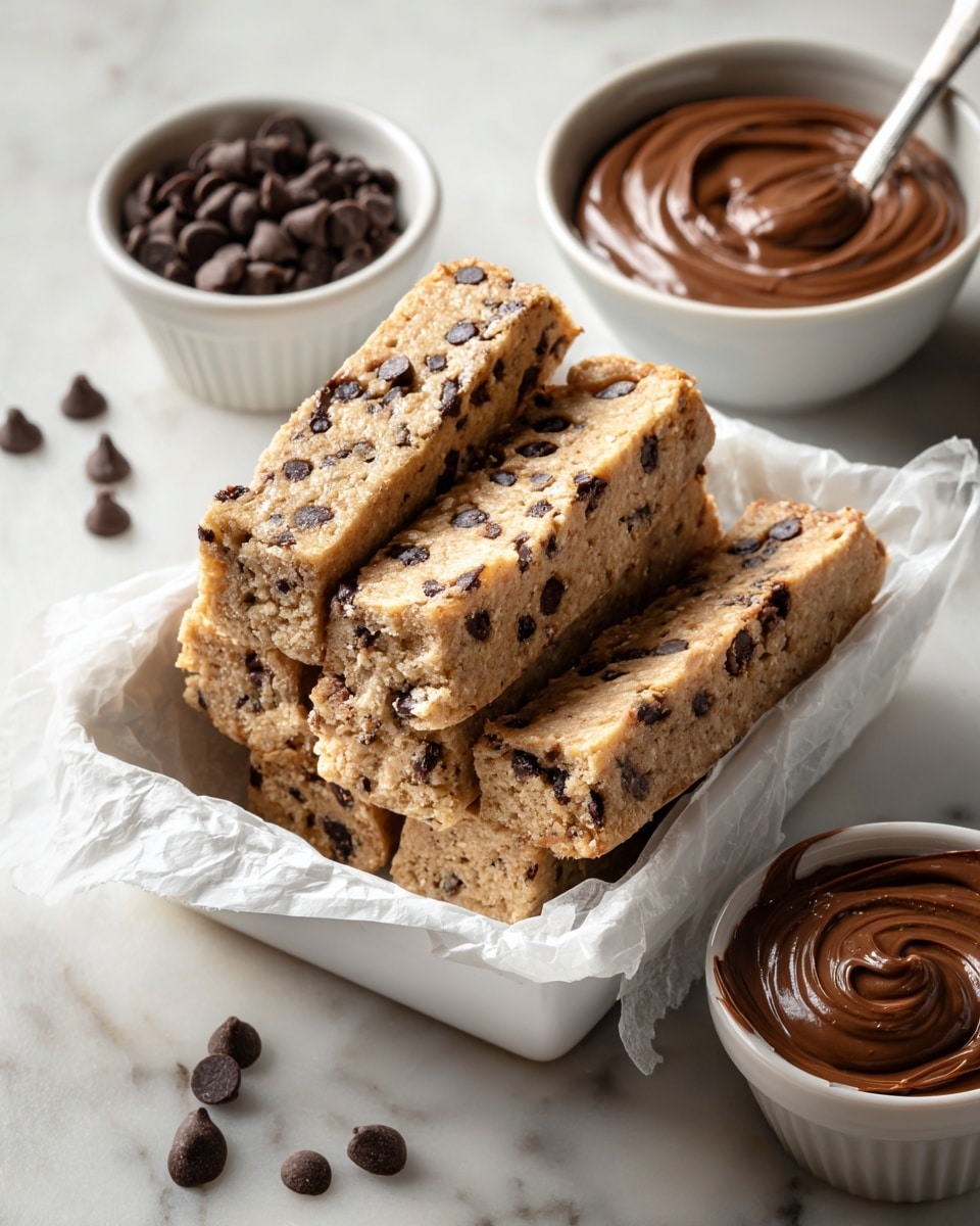 The image shows a white basket lined with crinkled white parchment paper, filled with eight golden-brown, rectangular cookie dough bars with visible dark chocolate chips studded throughout. The bars are stacked in two layers, mostly aligned but some slightly tilted, showing a rough, slightly grainy texture. To the right, there is a small white bowl filled with smooth, glossy milk chocolate spread that has a swirl pattern on top. In the background to the upper left, there is another small white bowl filled with scattered dark chocolate chips, and a few chocolate chips are also scattered on the white marbled surface around the basket and bowls. The scene is softly lit from the front, highlighting the warm colors of the cookie bars and the rich chocolate. photo taken with an iphone --ar 4:5 --v 7