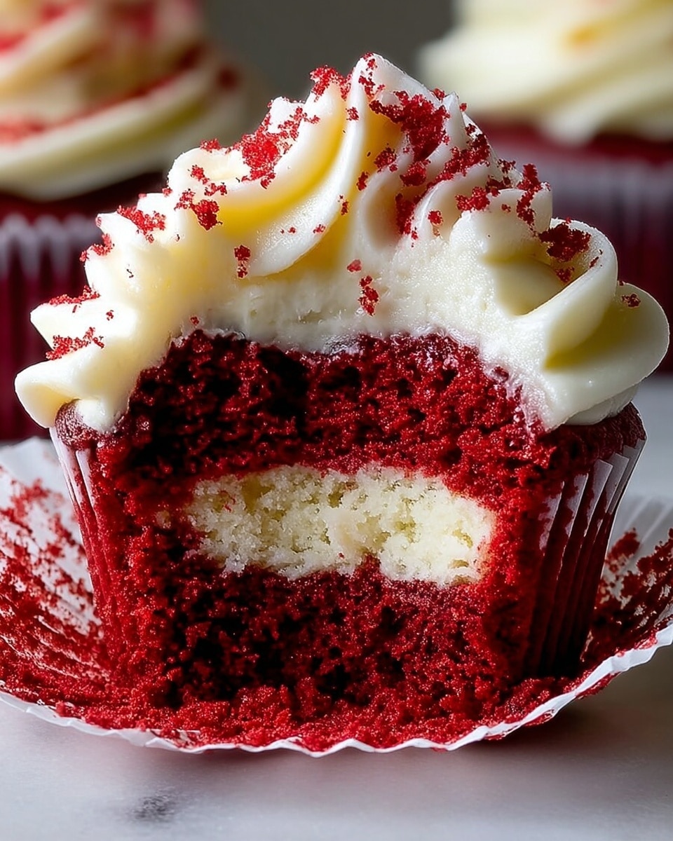 A close-up view of a red velvet cupcake with visible layers shows a deep red, moist base layer and a thick middle layer of smooth, creamy white frosting. Above the frosting, there is another red velvet cake layer topped with a swirl of fluffy white cream frosting sprinkled with fine red crumbs. The cupcake liner is white, and the whole cupcake rests on a white marbled surface. Photo taken with an iphone --ar 4:5 --v 7
