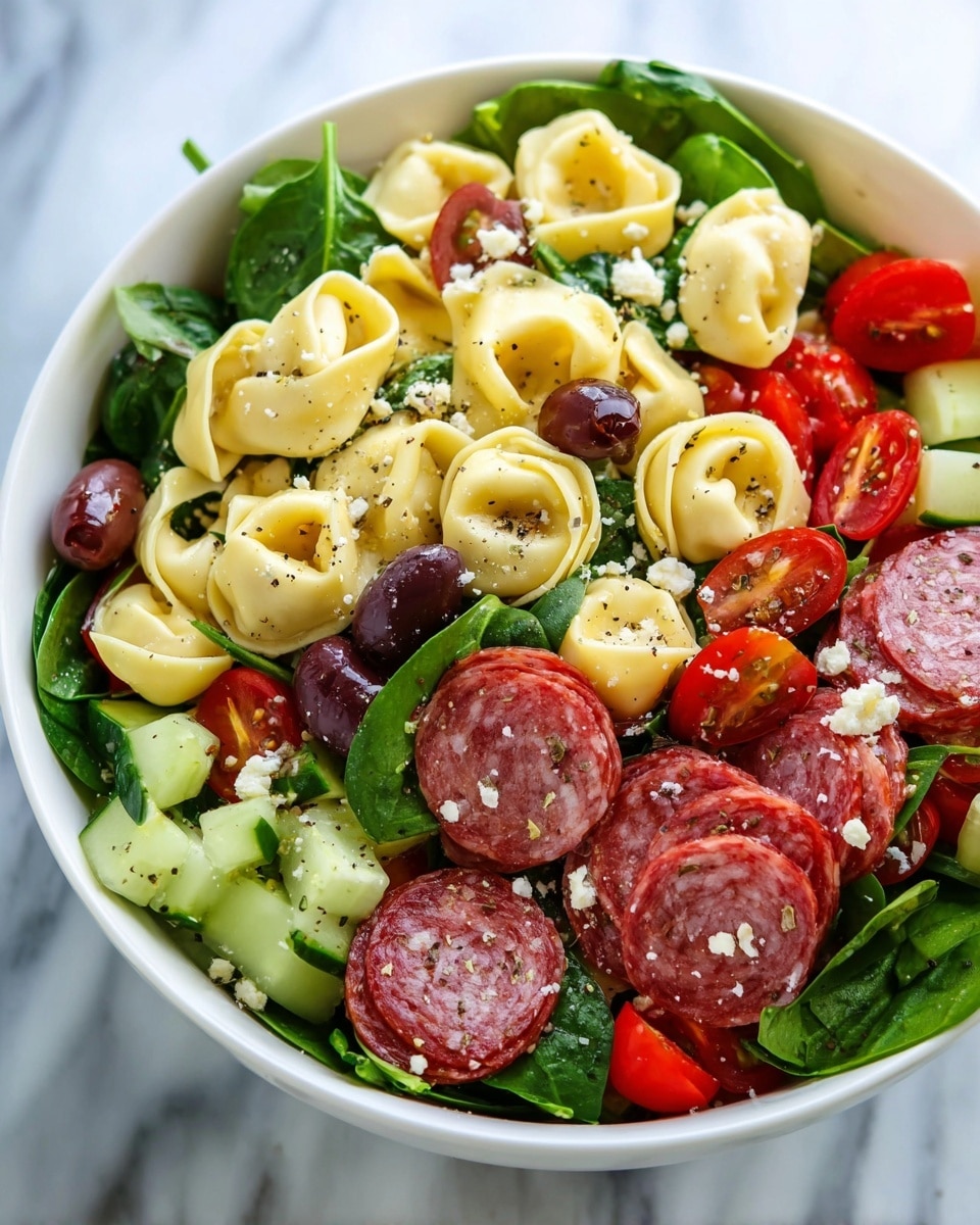 The image shows a fresh pasta salad in a white bowl on a white marbled surface. The dish has multiple layers: at the base, there are bright green spinach leaves and diced light green cucumber pieces. On top of this, there are pale yellow tortellini pasta, some sprinkled with black pepper and small white cheese crumbles. Scattered around are round slices of red and white marbled salami, shiny dark purple olives, and vibrant red cherry tomato halves. The colors and textures mix together, creating a fresh and colorful look. Photo taken with an iphone --ar 4:5 --v 7