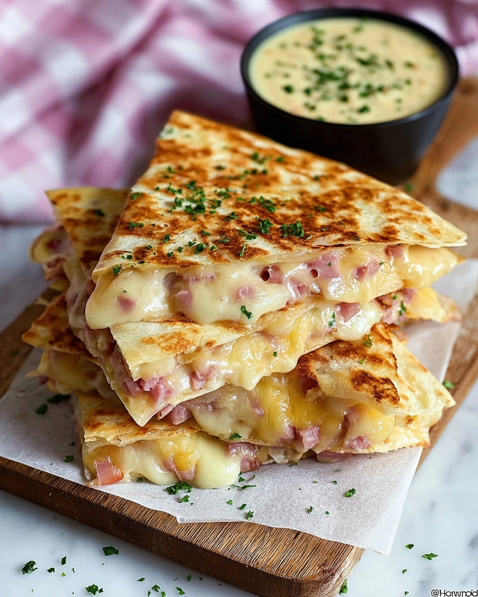 A stack of three triangular quesadilla pieces is shown, each with a toasted, golden-brown tortilla layer on top and bottom. Between each tortilla layer, there is melted cheese mixed with small bits of pink ham, oozing slightly and creating a gooey texture. The quesadillas are sprinkled with finely chopped green herbs on top and around the base. They rest on a piece of white paper placed on a wooden board. In the background, there is a small black bowl filled with a creamy, pale yellow dipping sauce with green herbs sprinkled on top. The whole scene sits on a white marbled texture surface with a soft pink and white checkered cloth slightly blurred in the background. photo taken with an iphone --ar 4:5 --v 7