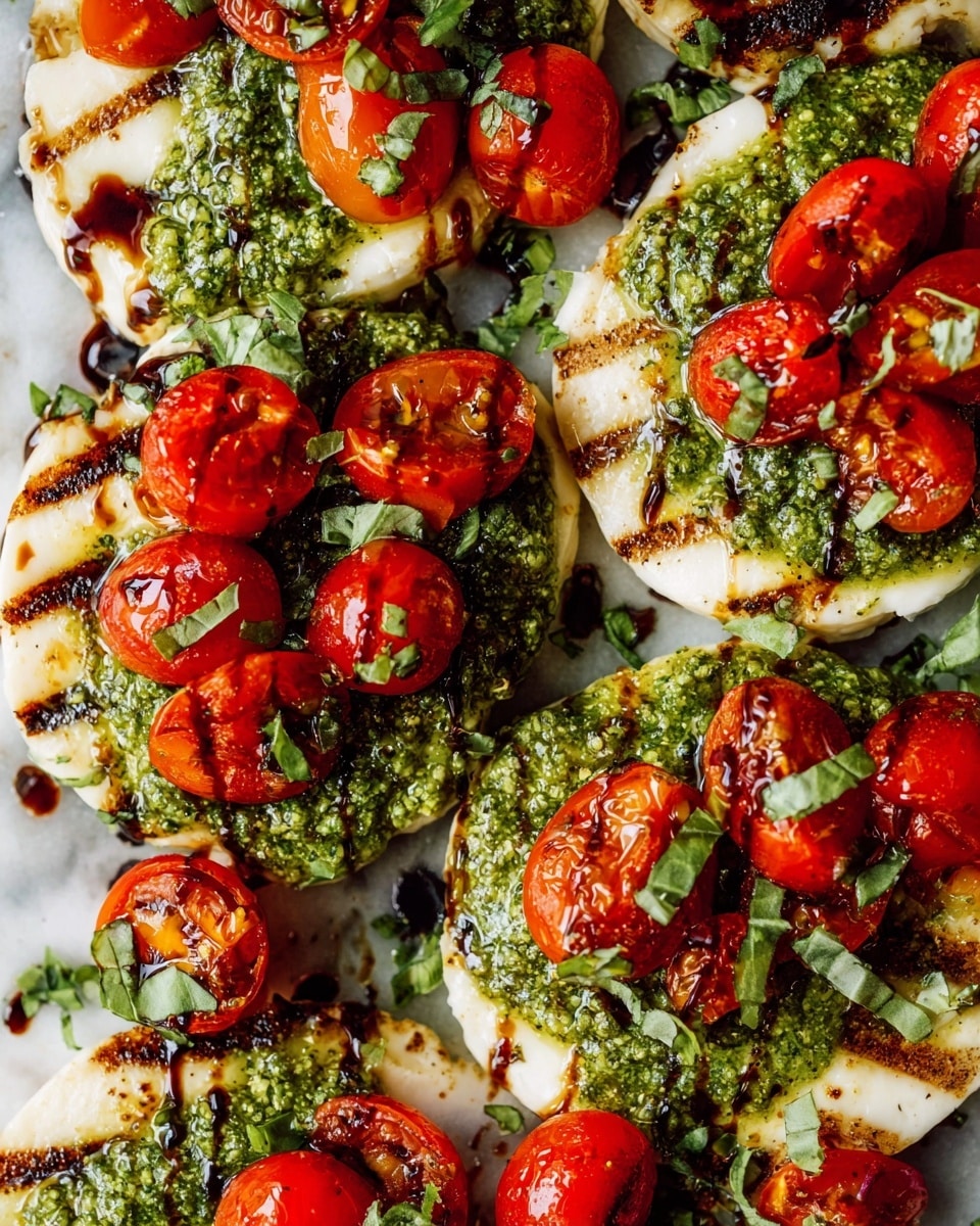 The dish shows several round, white pieces of grilled cheese with light brown grill marks on a white marbled textured surface. Each piece is layered with a thick spread of bright green pesto sauce, topped with halved red cherry tomatoes that are shiny and juicy. There is a sprinkle of fresh, chopped green basil leaves scattered over the top, adding texture and color. The entire dish is finished with a drizzle of dark balsamic glaze that contrasts with the bright colors below, enhancing the visual appeal. photo taken with an iphone --ar 4:5 --v 7