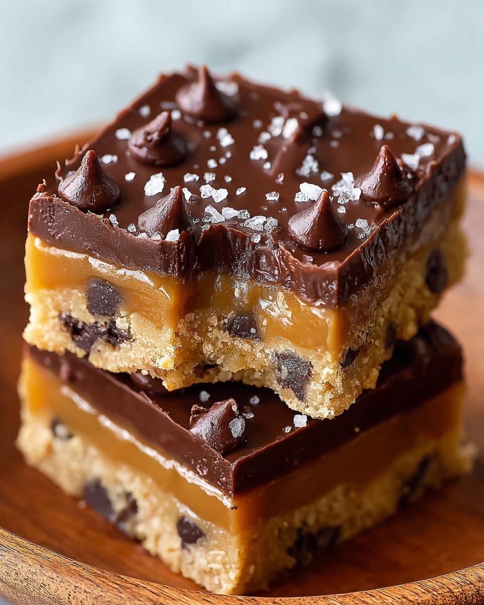 The image shows two stacked dessert bars with three layers each. The bottom layer is a light brown cookie dough studded with dark chocolate chips, giving it a textured look. The middle layer is a smooth and glossy caramel with a rich golden color, visible clearly between the cookie base and the top layer. The top layer is a thick, shiny dark chocolate ganache, decorated with small peaks and sprinkled with coarse sea salt crystals that add contrast and shine. The bars are placed on a wooden plate, sitting against a white marbled textured background. photo taken with an iphone --ar 4:5 --v 7