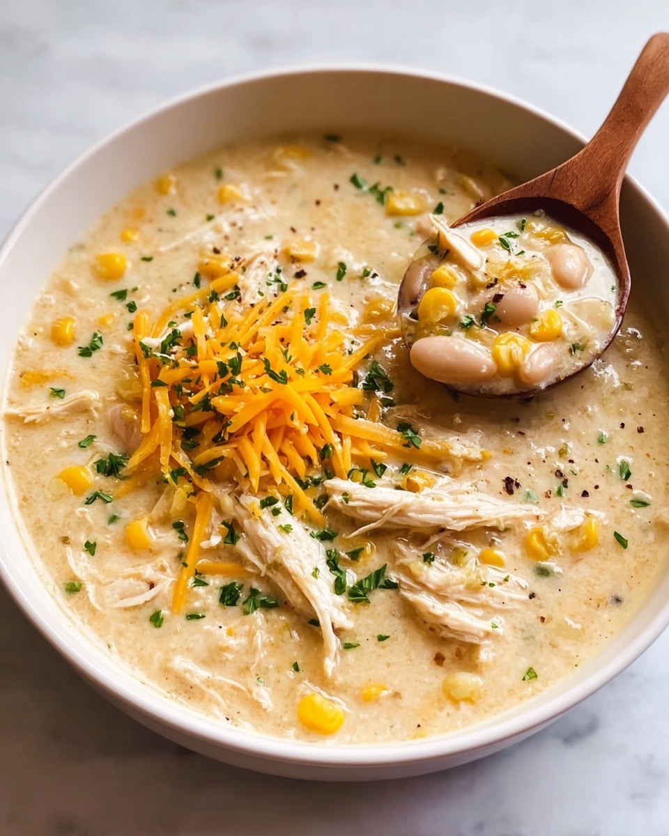 A white bowl filled with creamy chicken soup that has a light beige base, with visible chunks of shredded white chicken layered throughout. The soup contains light yellow corn kernels and small white beans mixed evenly in the broth. On top, there are thin strands of bright orange shredded cheese and small pieces of chopped green herbs sprinkled over the surface. A wooden spoon scoops some soup, showing the same ingredients clearly. The bowl sits on a white marbled surface. photo taken with an iphone --ar 4:5 --v 7