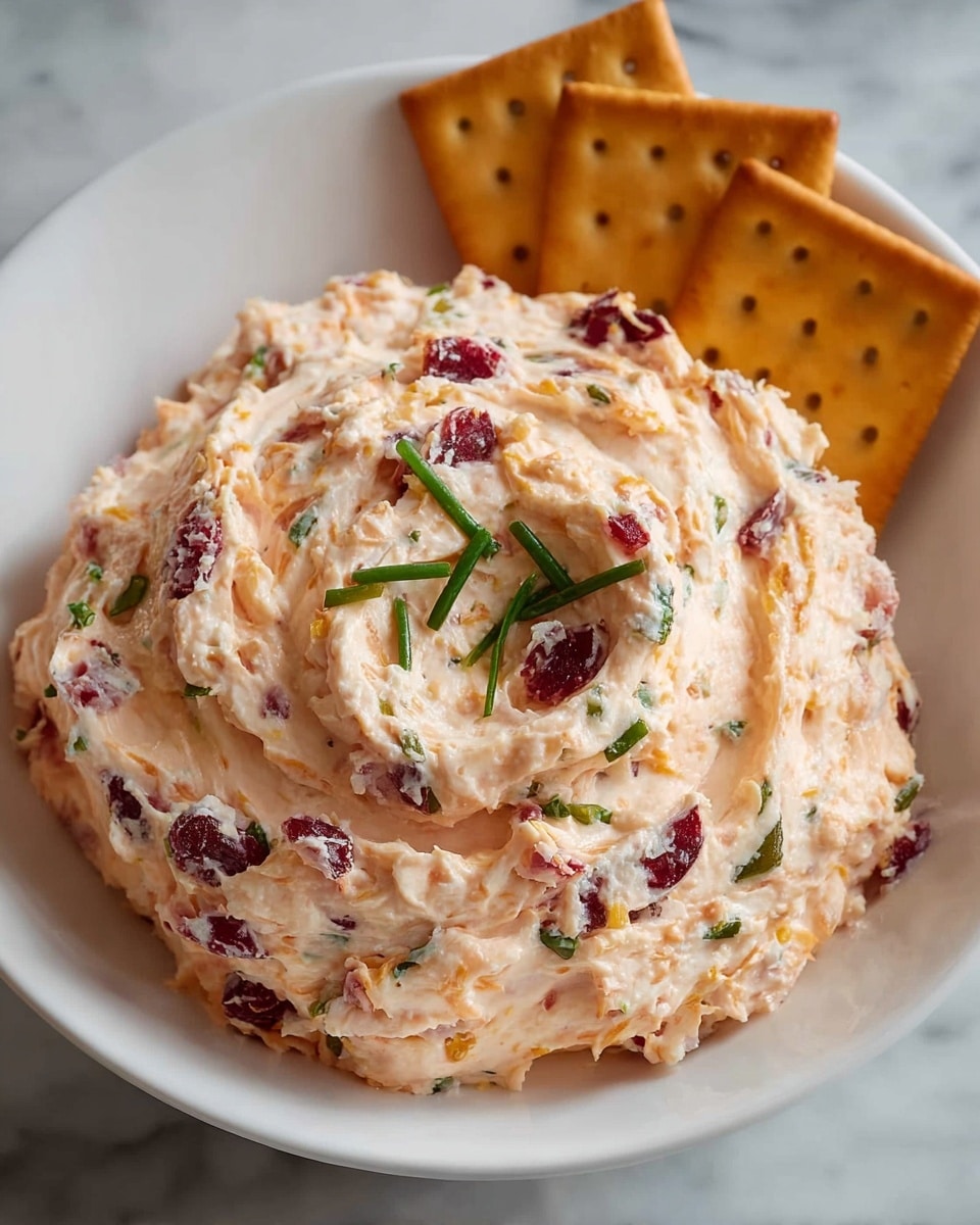 A white bowl holds a creamy, light orange spread mixed with small pieces of red cranberries and green chives, swirled into a soft spiral shape. Two square crackers with a golden-brown color peek out from behind the spread on the right side of the bowl. The dish is placed on a white marbled surface that adds a clean and simple background. photo taken with an iphone --ar 4:5 --v 7