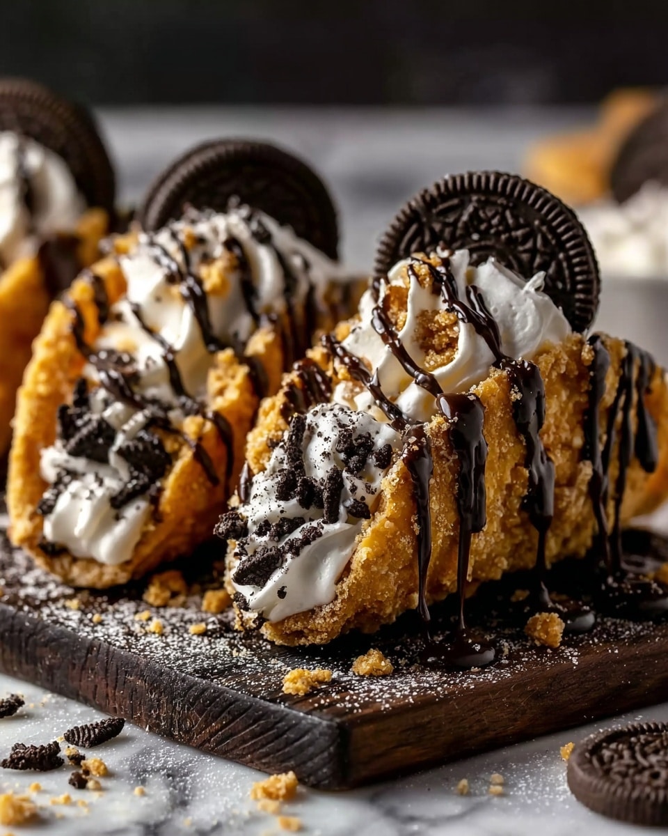 Three crunchy taco-shaped shells stand side by side on a dark wooden board set on a white marbled texture, each filled with fluffy white cream and topped with crushed dark chocolate cookies. Each shell is golden brown and thickly coated with a crumbly texture. The cream rises in swirls above the shell edges, crowned with a whole chocolate cookie, while rich dark chocolate sauce is drizzled heavily in thin lines across the entire shells. Crumbs and powdered sugar are scattered around the board, creating a slightly messy but inviting look. Photo taken with an iphone --ar 4:5 --v 7